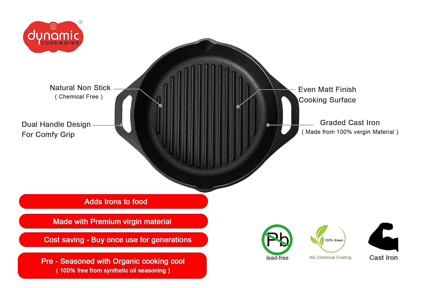 DYNAMIC COOKWARES Even matt Finish Pre-Seasoned Round Cast Iron Grill Pan with Glass Lid | 10 Inch/27.50 cm | Nonstick Grill Skillet Pan, 100% Pure & Toxin-Free, No Chemical Coating, Black
