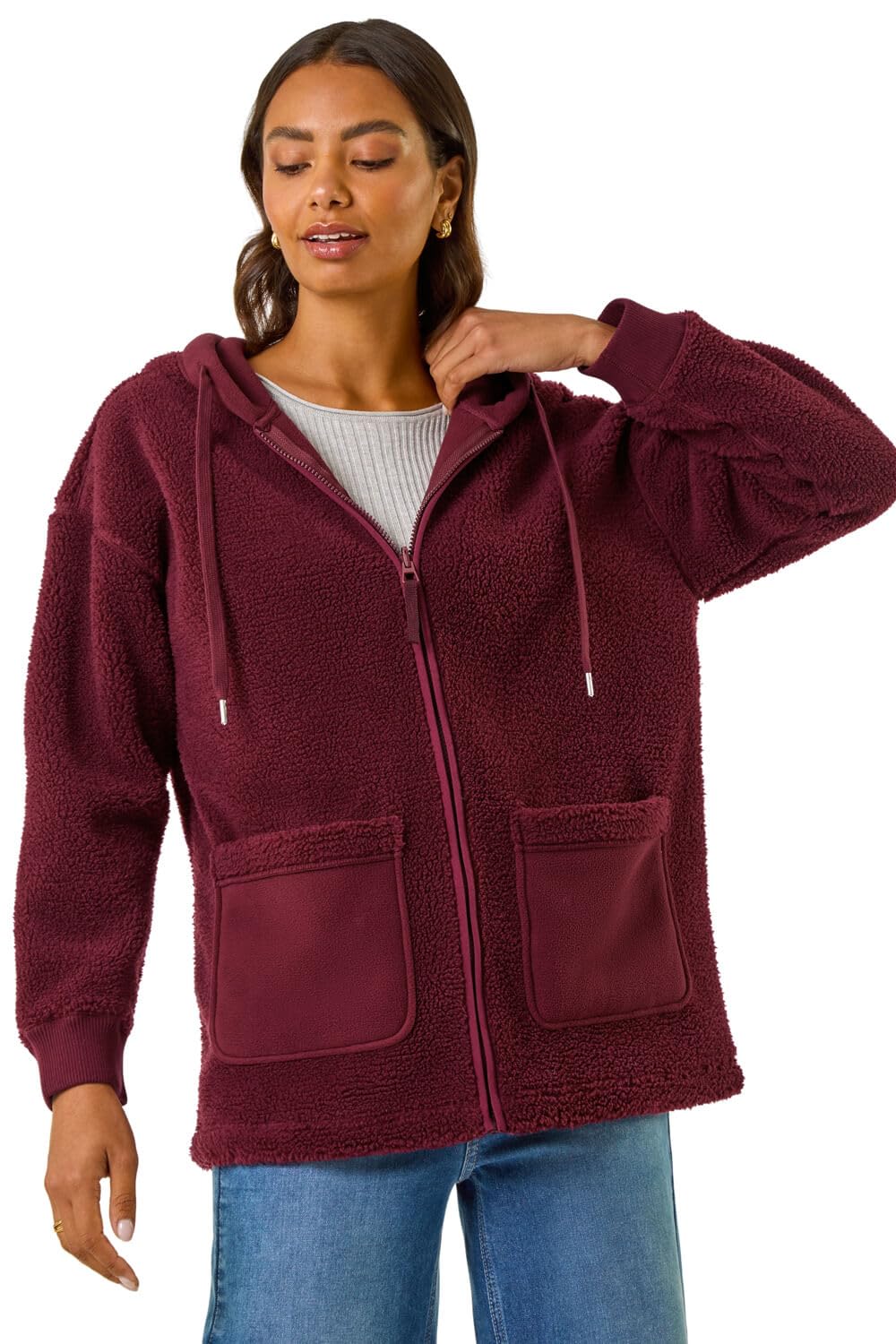 Roman Women's Burgundy Hooded Borg Zip Through Jacket Size 20
