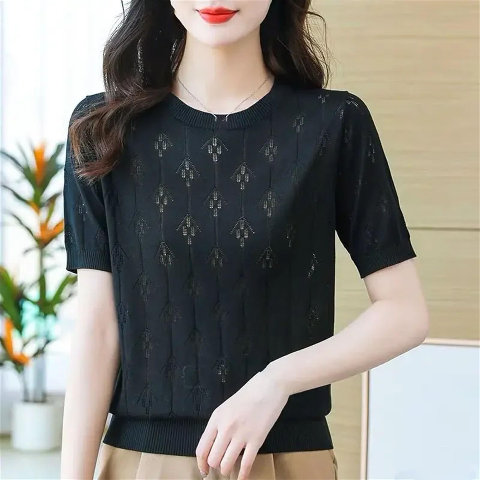 Camiseta de manga corta de seda de hielo para mujer, de punto hueco, color sólido, holgada, adelgazante, transpirable, para uso diario