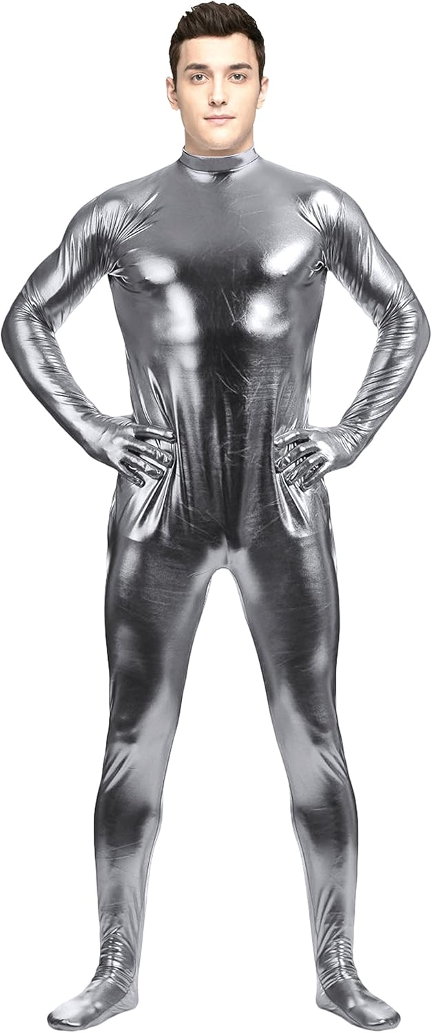 Aniler Men's and Women's Shiny Metallic Unitard Zentai Zipper Stretchy Costume Bodysuit