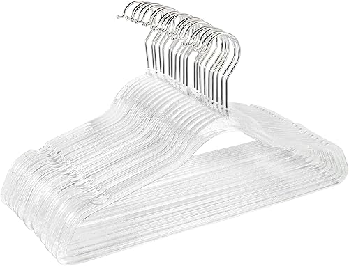 Paquete de 20 perchas de plástico transparente, antideslizantes para abrigosropa con purpurina plateada ideales para bodas ligeras y ahorran espacio