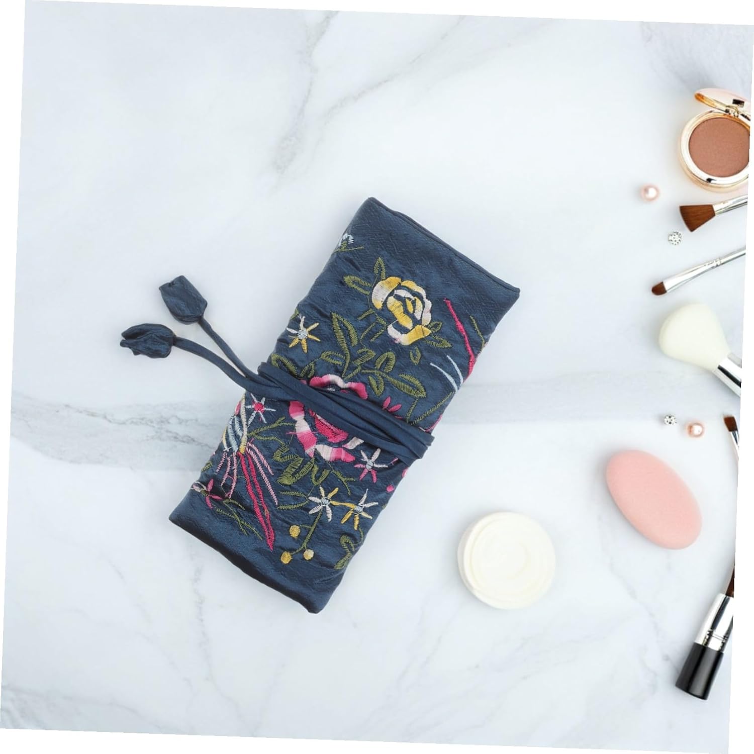 Portable Embroidered Jewelry Roll Case Large Travel Organizer Pouch for Necklaces Bracelets Earrings Rings Blue Compact Storage Bag