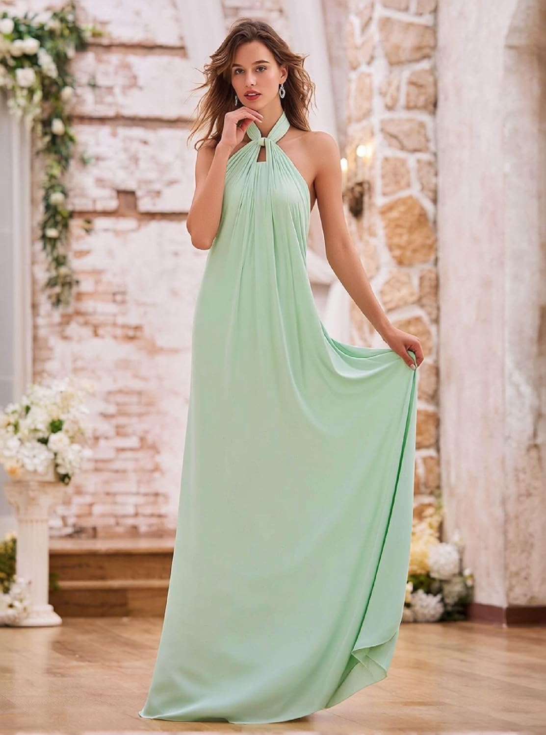 Halter Neck Chiffon Bridesmaid Dresses 2026 Flowy A-Line Zipper Prom Dresses Maxi Ruched Formal Evening Gown
