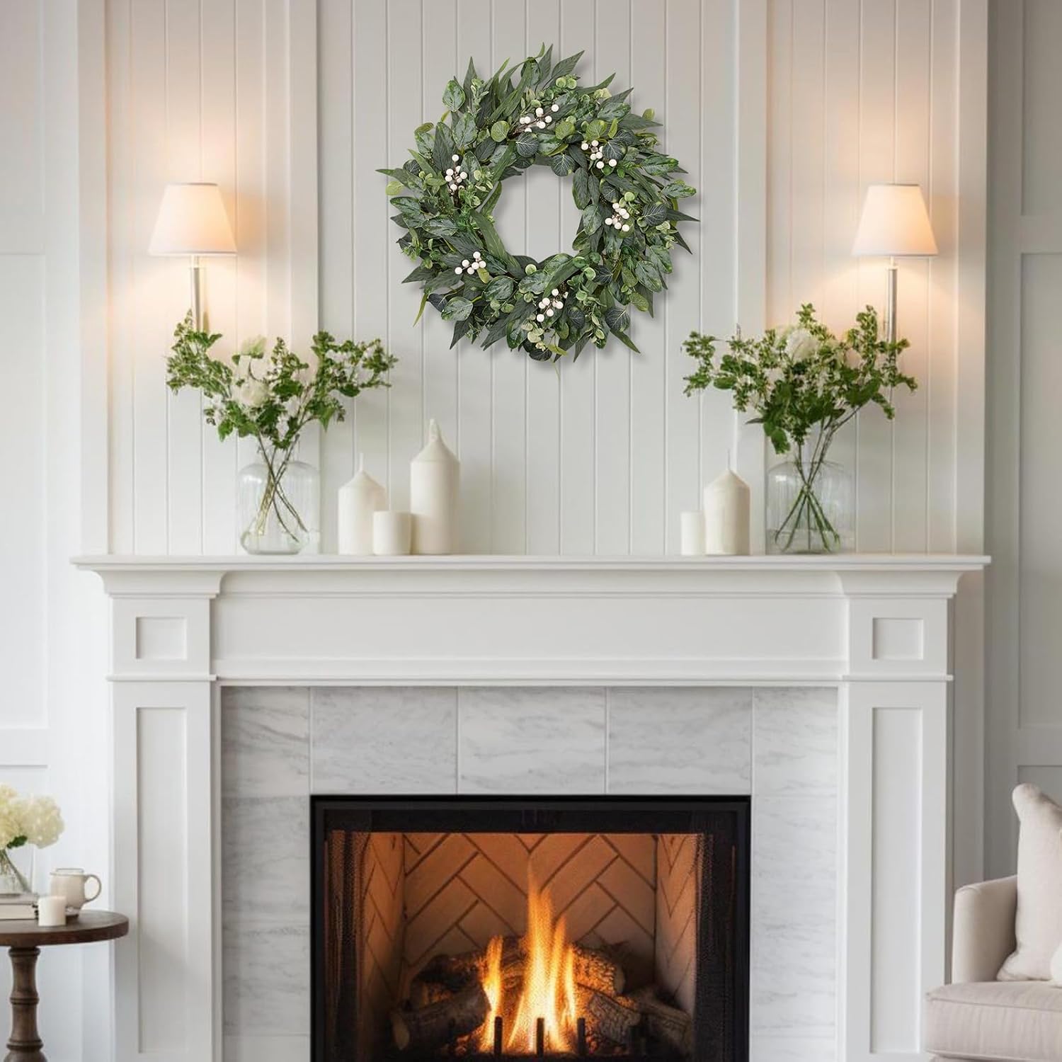 24 Inch Artificial Eucalyptus Wreath for Front Door, All Season Greenery Wreath with Boxwood & White Berries, Farmhouse Decor for Wall, Window, Porch, Spring to Winter