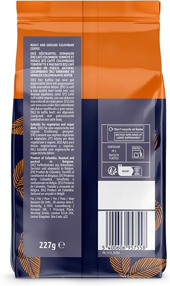 by Amazon Colombian Roast and Ground Coffee, Single Origin, Medium Roast, 1.36Kg (6 Packs of 227g), Rainforest Alliance Certified