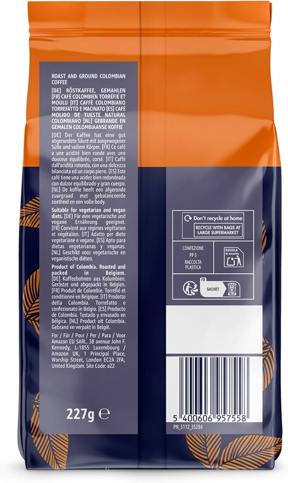 by Amazon Colombian Roast and Ground Coffee, Single Origin, Medium Roast, 1.36Kg (6 Packs of 227g), Rainforest Alliance Certified