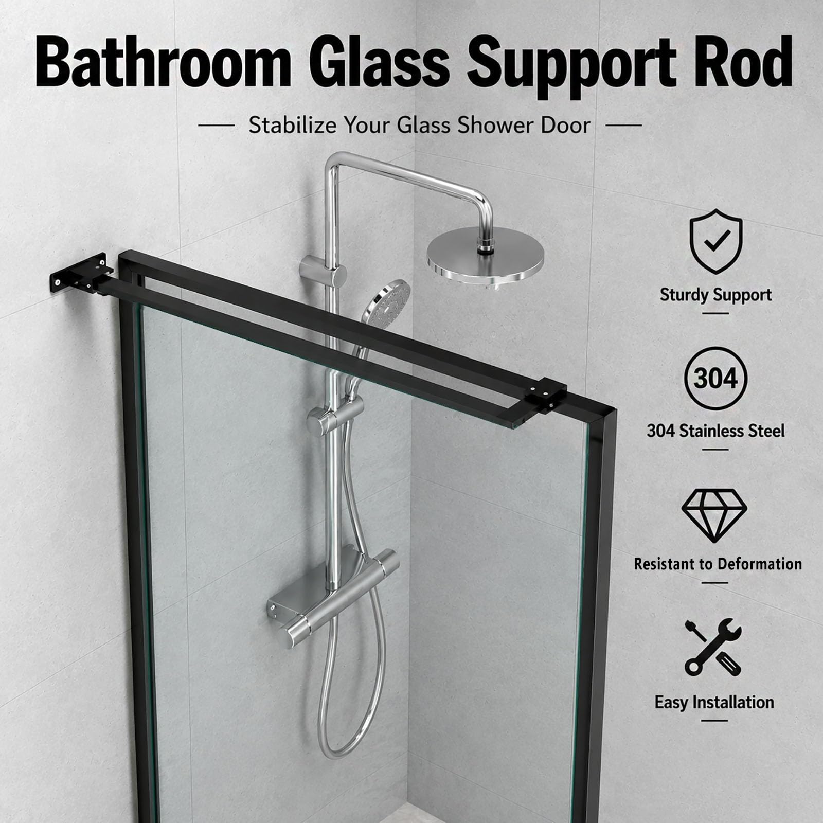 Barra di Supporto in Acciaio Inox per Fissaggio a Parete di pareti Doccia in Vetro - Stabilizzatore Regolabile da 18, 20, 24 e 36 Pollici, Asta di Fissaggio Parete-Vetro di Lunghezza Persona