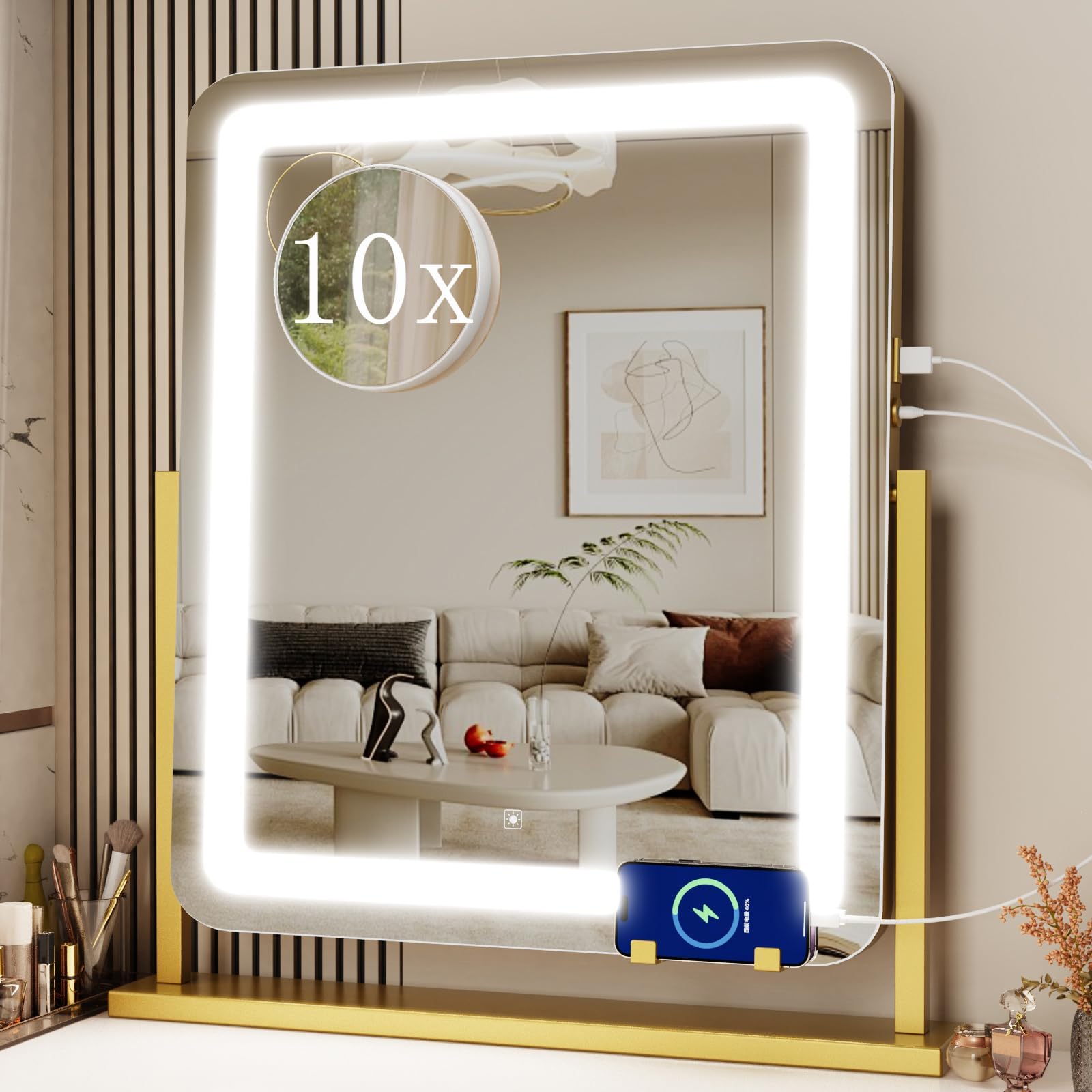 Makeup Vanity Mirror with USB Charging Port 22" x 18" Large LED Makeup Mirror, Desk Mirorr with Lights, Light up Mirror with 10X Magnification and, Dimmable 3 Modes, Touch Screen Control