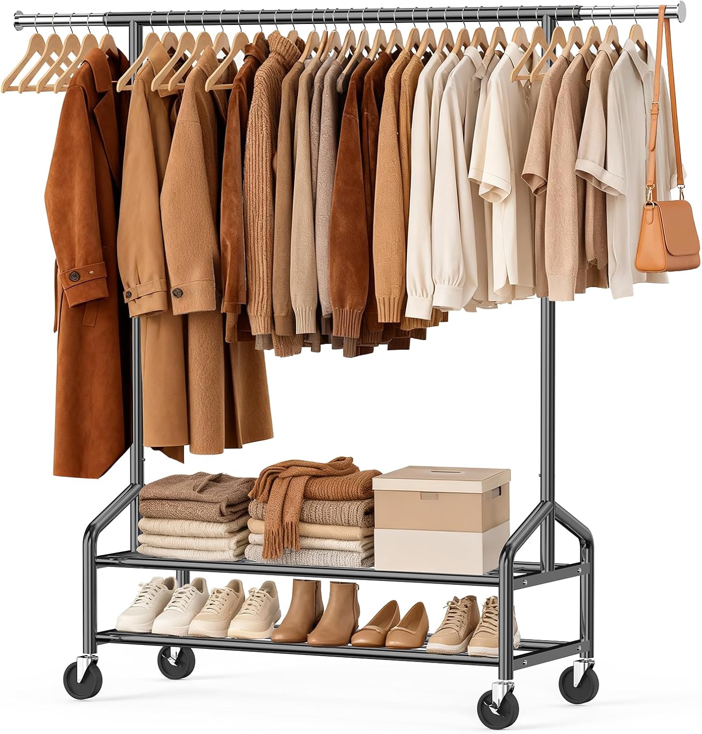 Heavy Duty Clothes Rack, Rolling Clothing Rack for Hanging Clothes with 2 Sturdy Shelves Load 650 LBS, Metal Garment Rack with Wheels for Bedroom, Laundry Room, Retail Store, Black