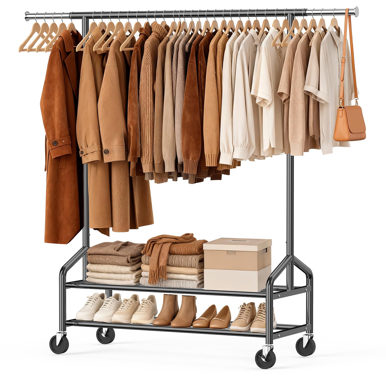 Heavy Duty Clothes Rack Rolling Clothing Rack for Hanging Clothes with 2 Sturdy Shelves Load 650 LBS Metal