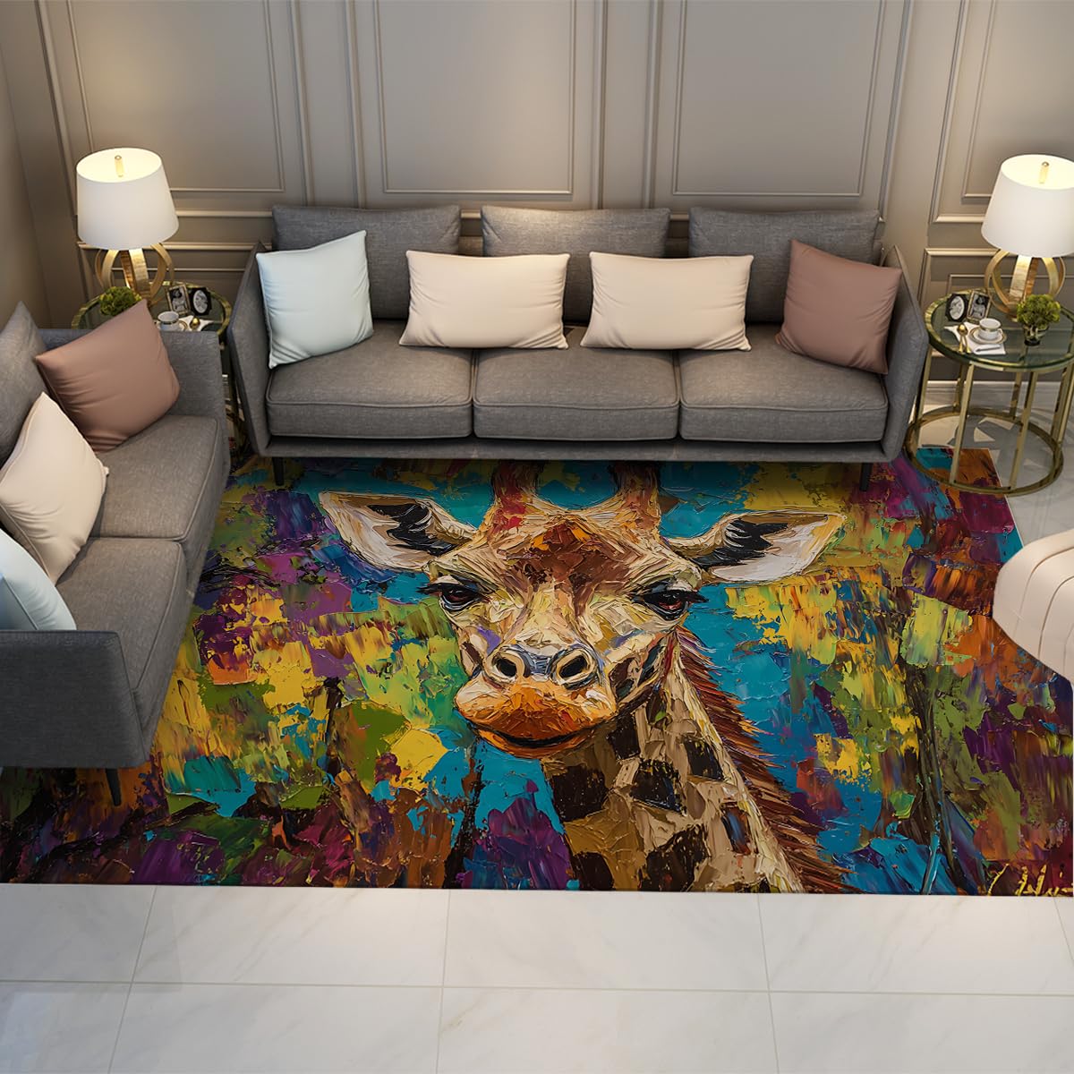 Tapis lavable graffiti girafe 3'x4' poil bas entretien facile