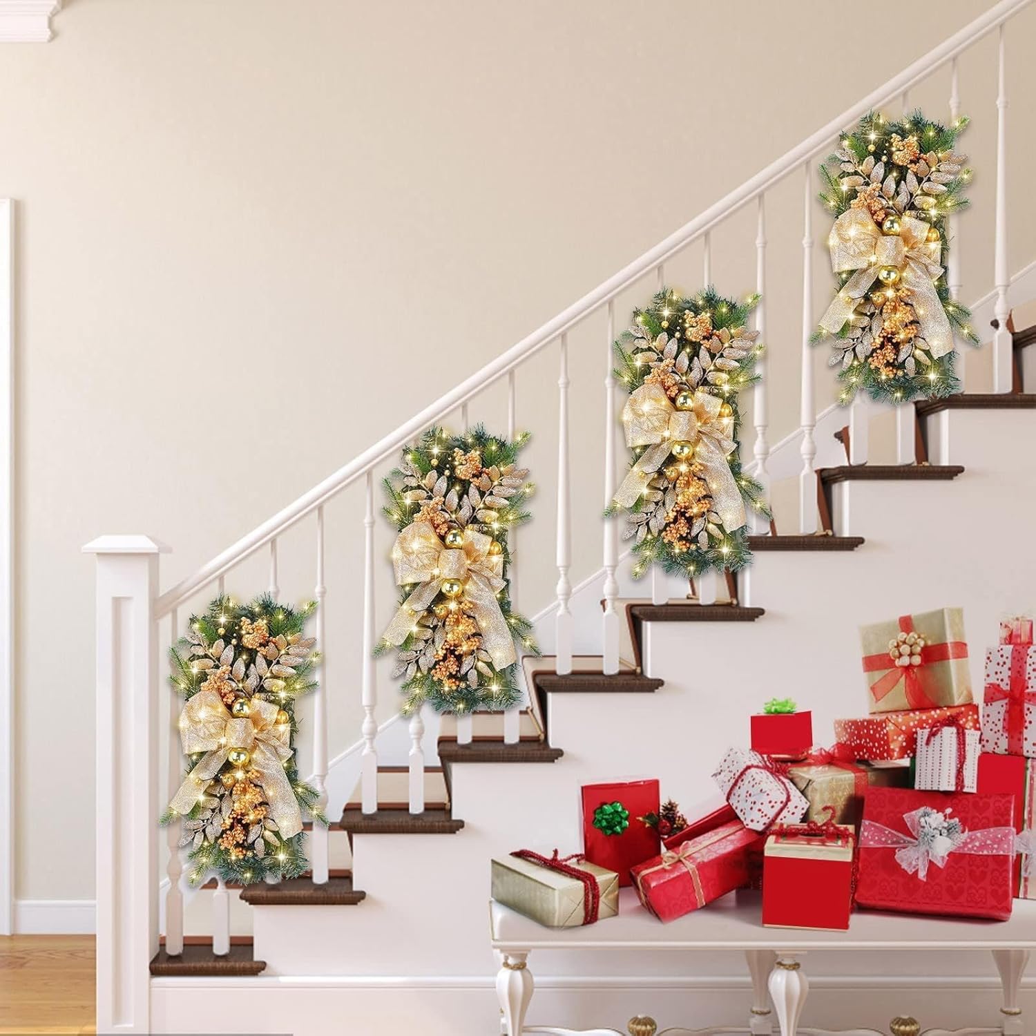 24" Christmas Artificial Swags Xmas The Cordless Prelit Stairway Swag Teardrop Trim Wreath Door Stair Swag Garland with LED Lights for Home Holiday Decor (Gold,2PCS)