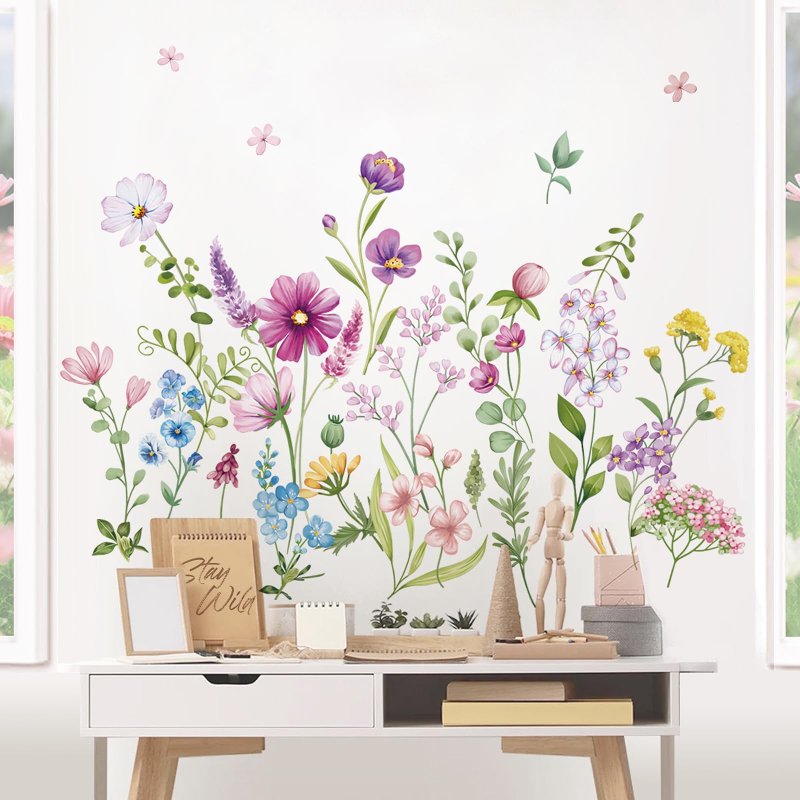 wondever Pegatinas de Pared Jardín de Flores Morado Adhesivos Pared Decorativos Florales Plantas Vinilos Pared para Dormitorio Salón Habitación Niña