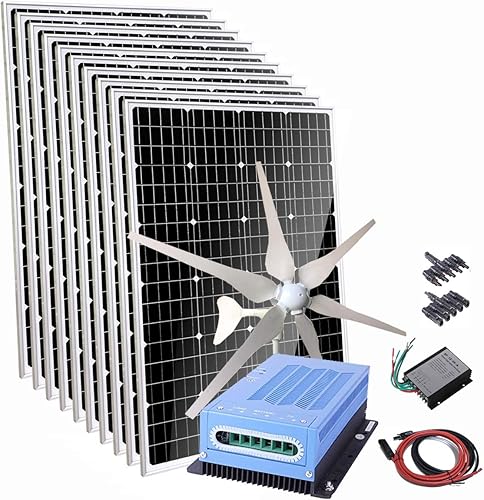 Kit solar eólico de 1600 W para casa móvil 12 V 24 V sistema fuera de la red 10 paneles solares mono de 120 W + generador de turbina eólica de 400 W