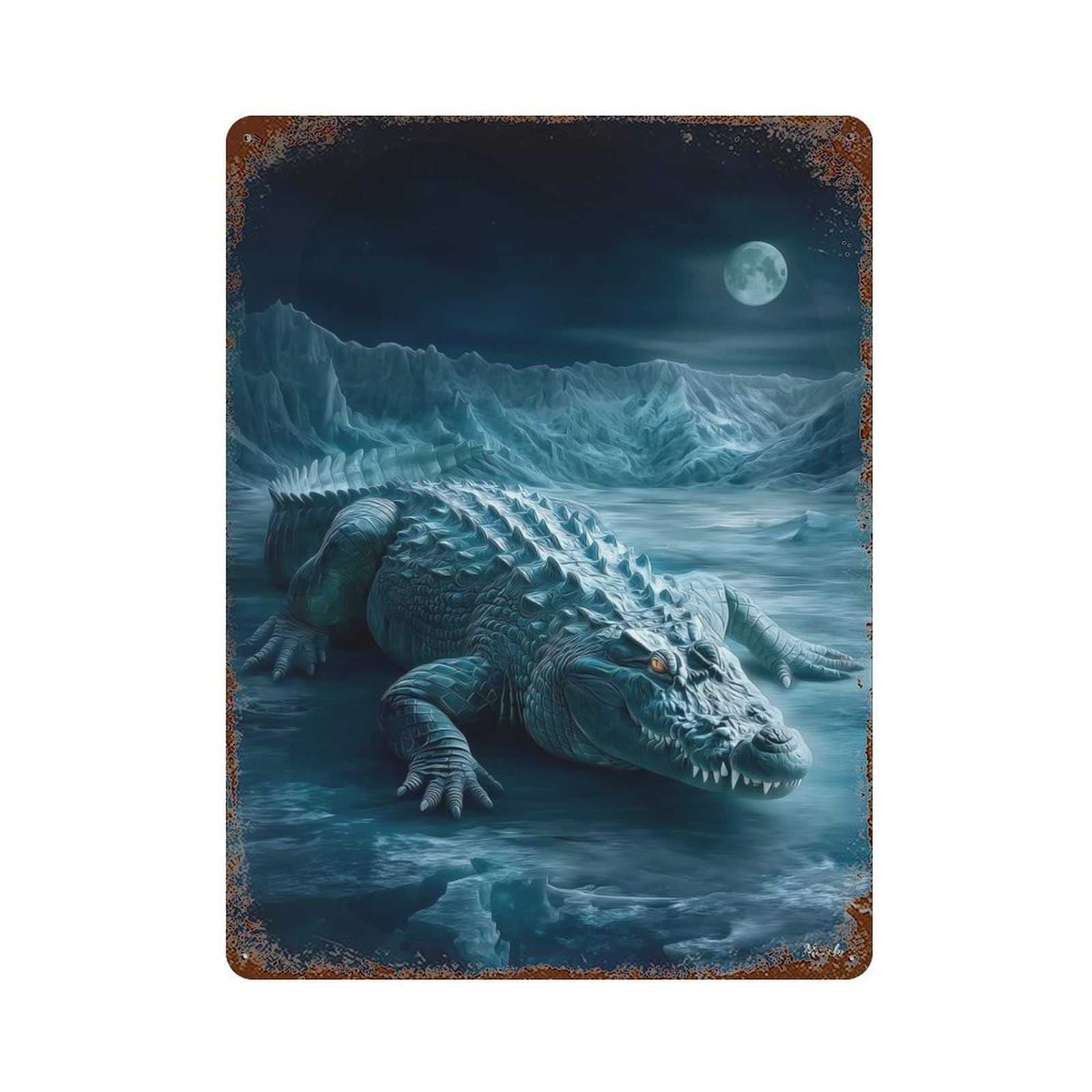 Ethereal Wilderness Guardian – Icebound Crocodile of The Moon Weathered Tin Sign 15.7"x11.8", Classic Wall Plaque for Patio, Garden Room And Bar Decor
