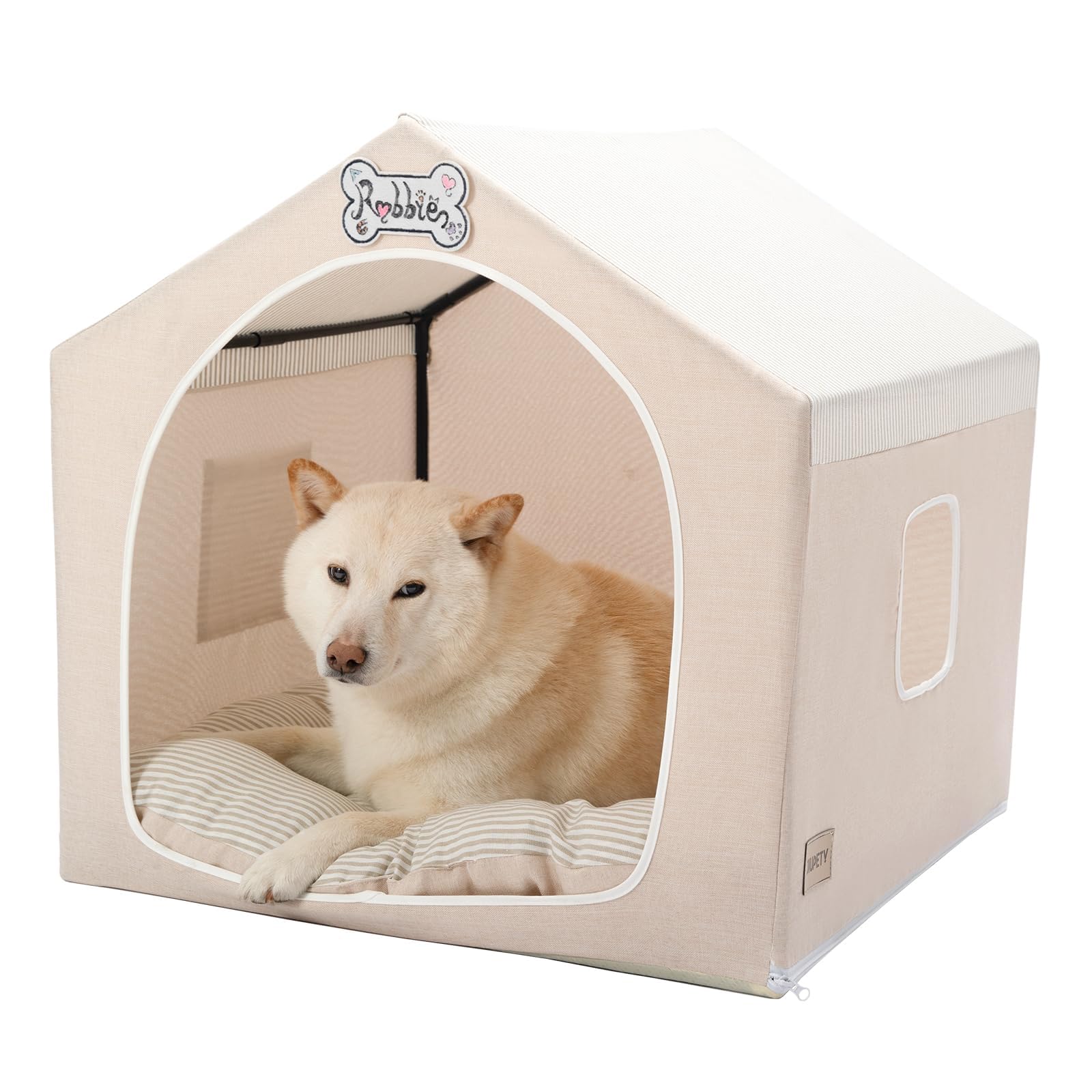 Jiupety Cuccia per cani da interno con telaio, graziosa tenda per cani con grotta di copertura, traspirante, lavabile e pieghevole, adatta per 9-18 kg, grande (63 x 63 x 63 cm), beige