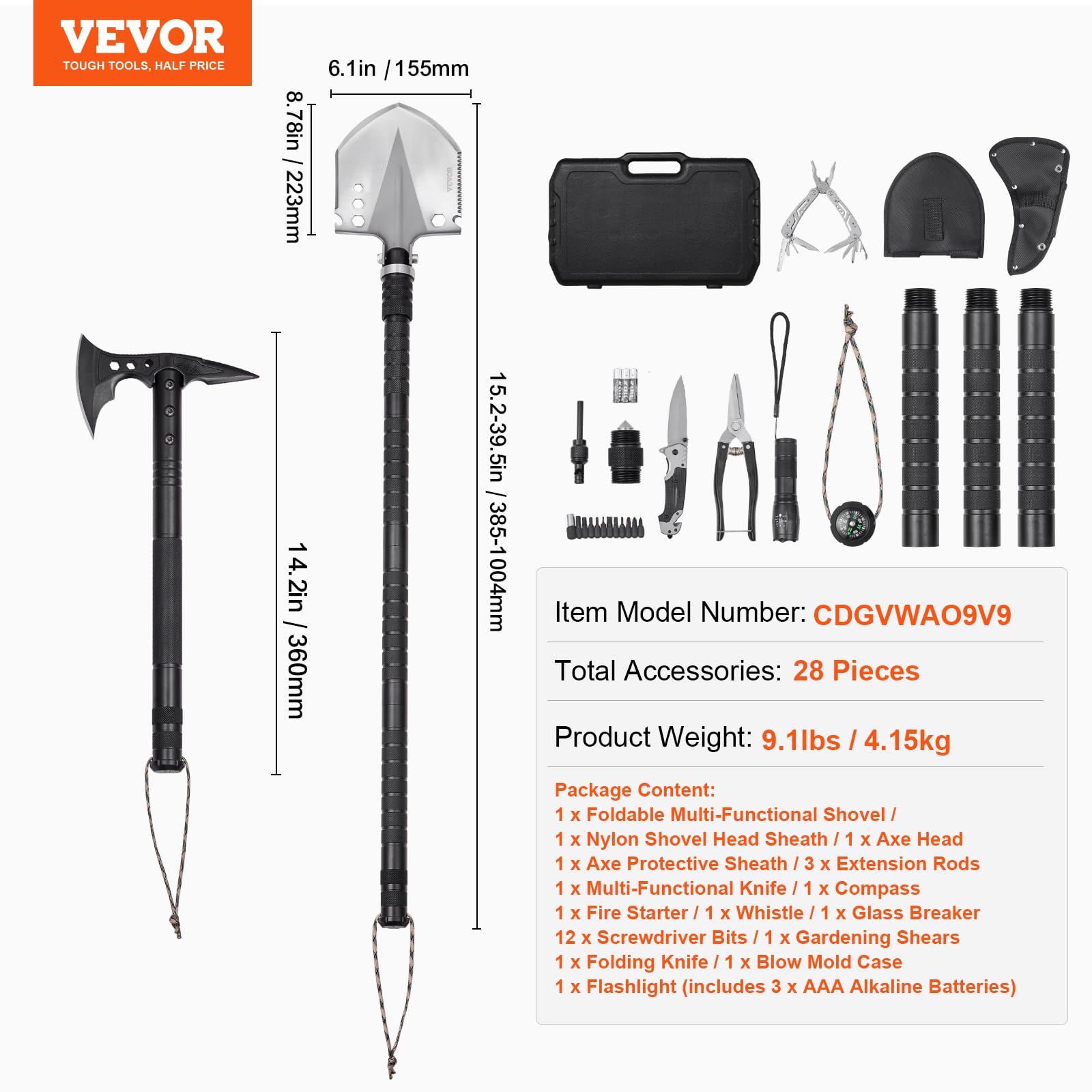 VEVOR Pala de Supervivencia Hacha de Supervivencia, 28 en 1 Palas Plegables para Acampar con Hacha, Juego de Pala y Hacha de Acero Inoxidable, Equipo de Supervivencia para Acampar y Hacer Senderismo
