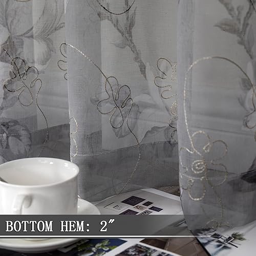 Vista 4 de Tollpiz Floral Grey Sheer Curtain Flower Print Vine Embroidery Bedroom Curtains Rod Pocket Voile Window Curtain for Living Room, 54 x 84 inches
