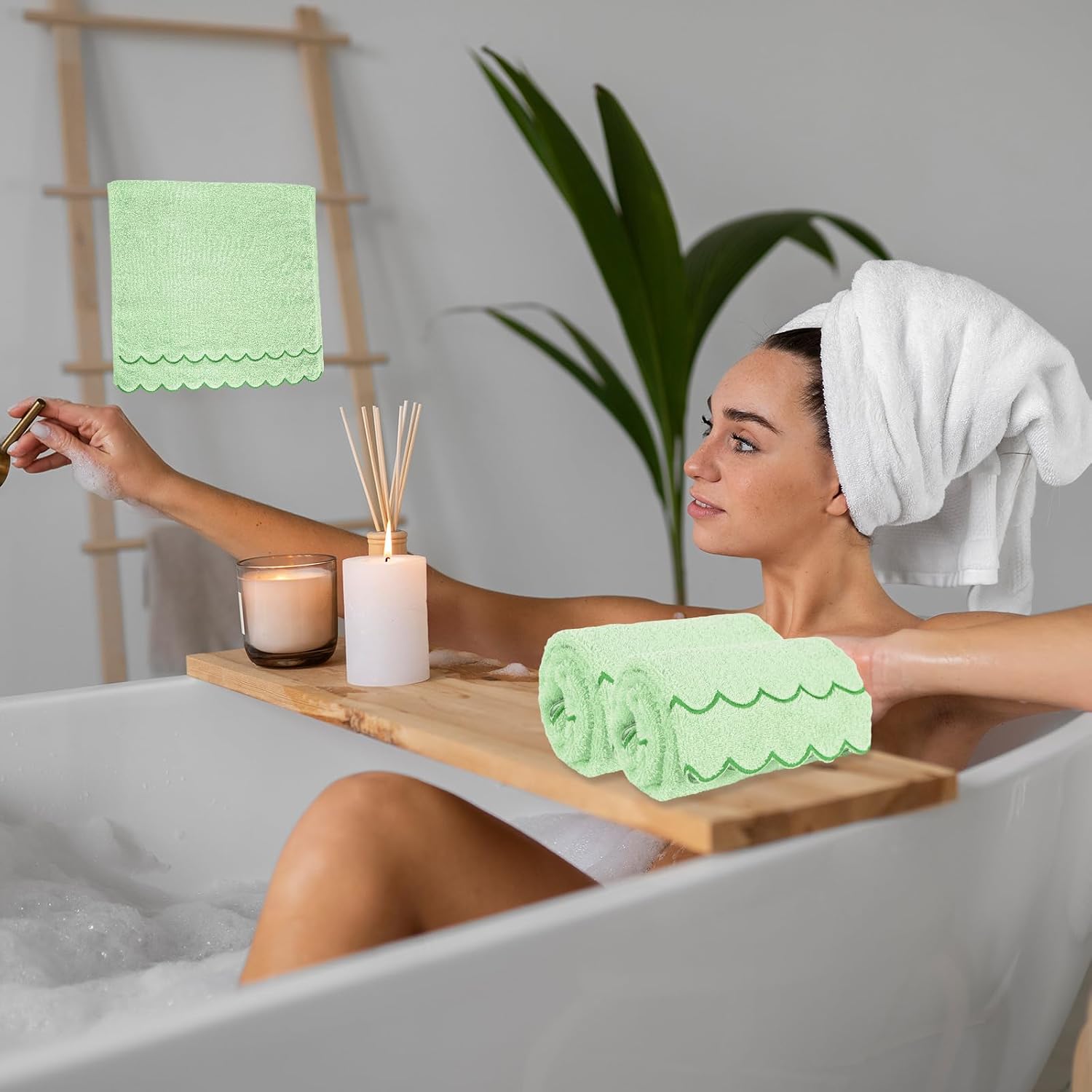 Whaline 2 Pack Green Scalloped Hand Towels Embroidered Cotton Dish Towel Green Decorative Towel for Spring Holiday Bathroom Hand Drying Kitchen, 29.5 x 13.7 Inch