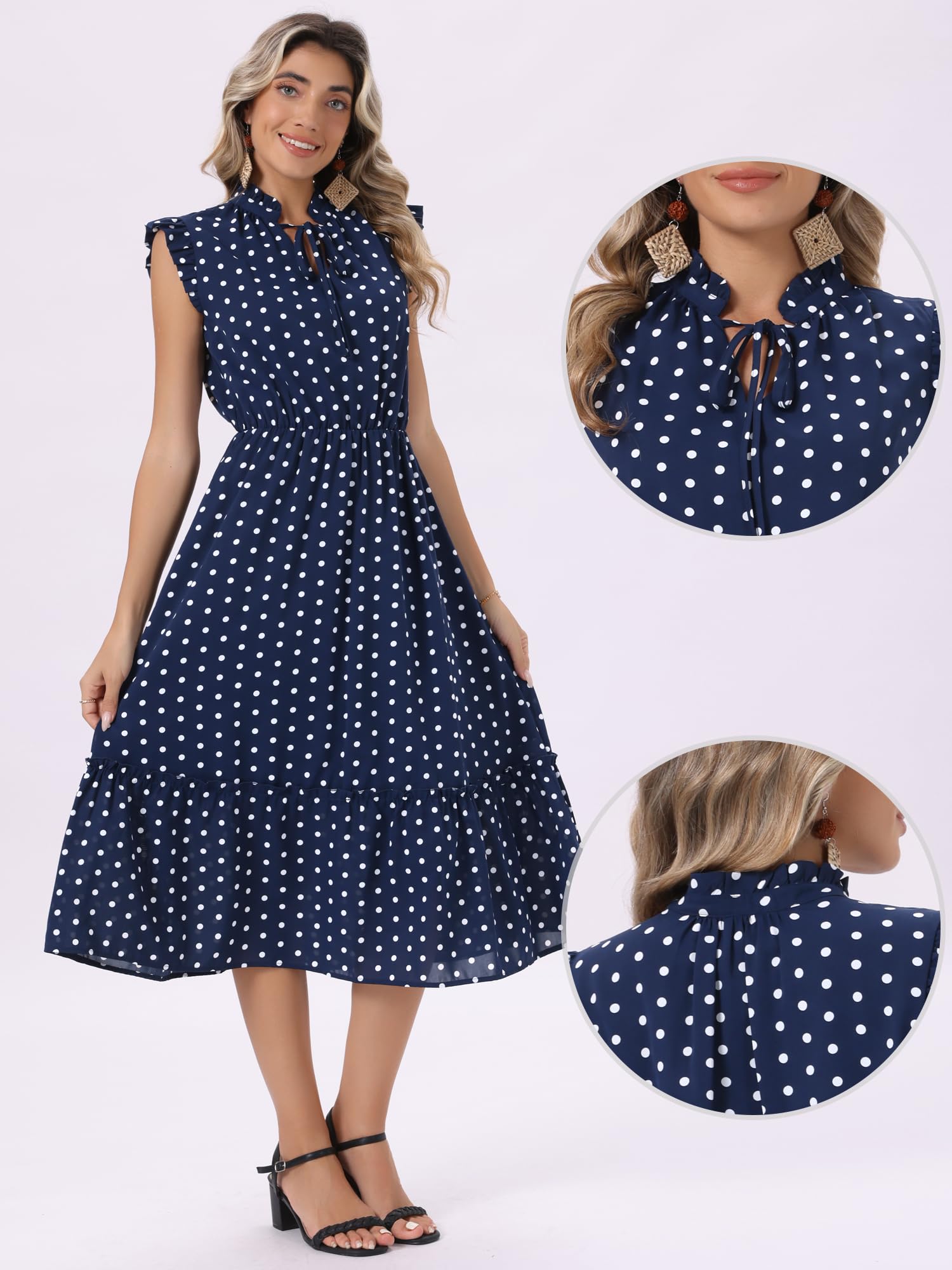 Allegra K Vestido midi de lunares para mujer, cuello anudado, manga con volantes, línea A | Vestidos vintage de los años 50, cintura elástica, fluidos, vestidos casuales de verano con bolsillos laterales