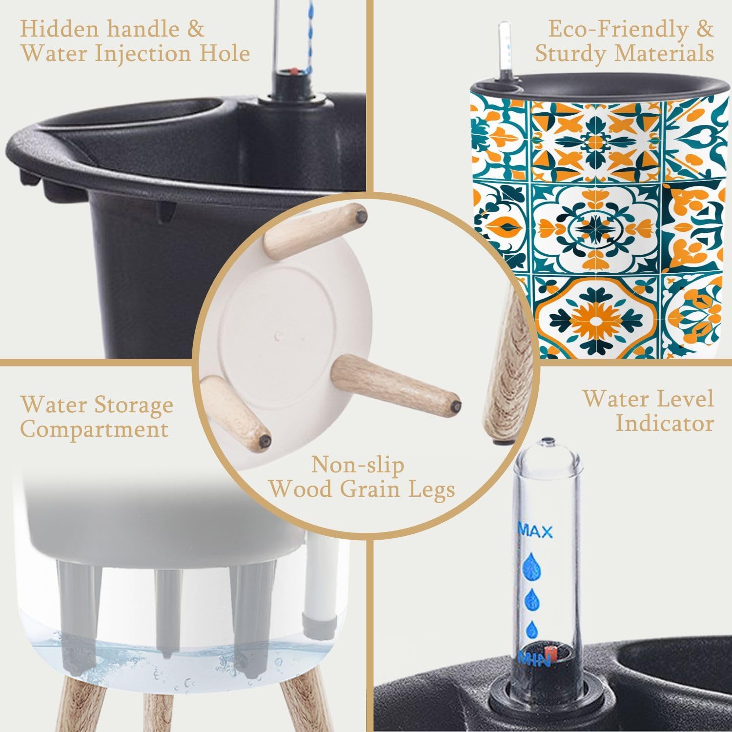 Planter with Stand Portuguese Spanish Azujelo seamless tiles Lisbon retro truquoise 8.6" Self Watering Plant Pot with Legs Water Level Indicator & Water Inlet Lazy Flower Pot Indoor Modern Decor