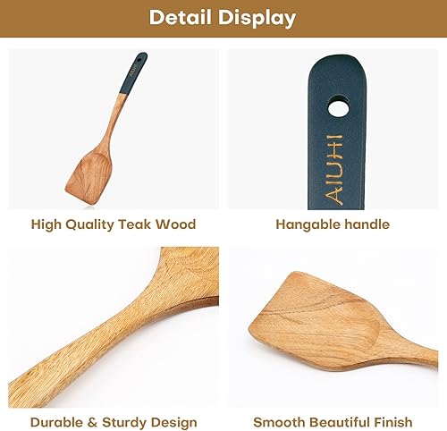 Miniatura 5 de Espátula de madera, espátula de madera de teca para cocinar, espátula de wok grande duradera, antiadherente (rojo)