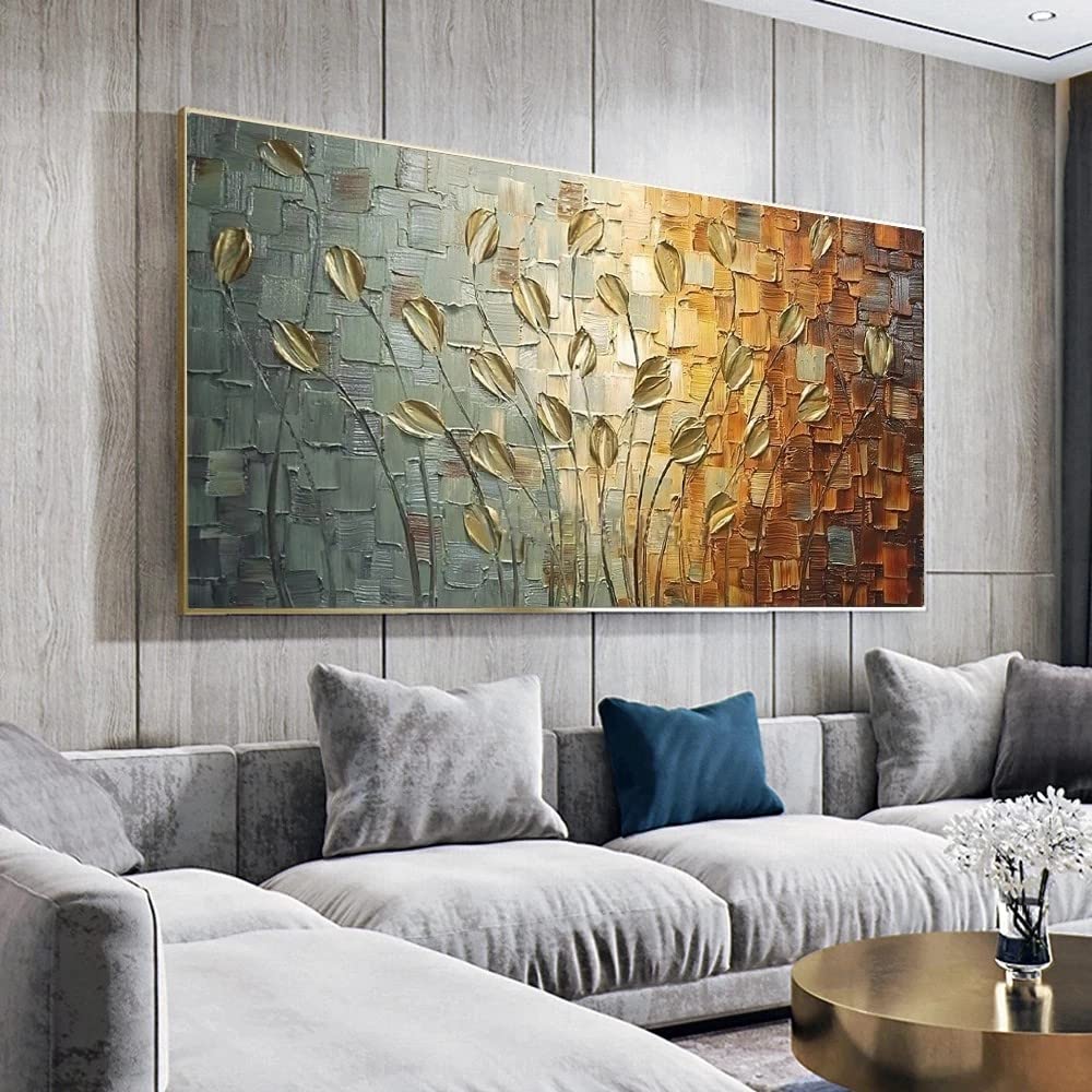 Décoration d'intérieur dorée et peinture abstraite grand format 110x220 - 8