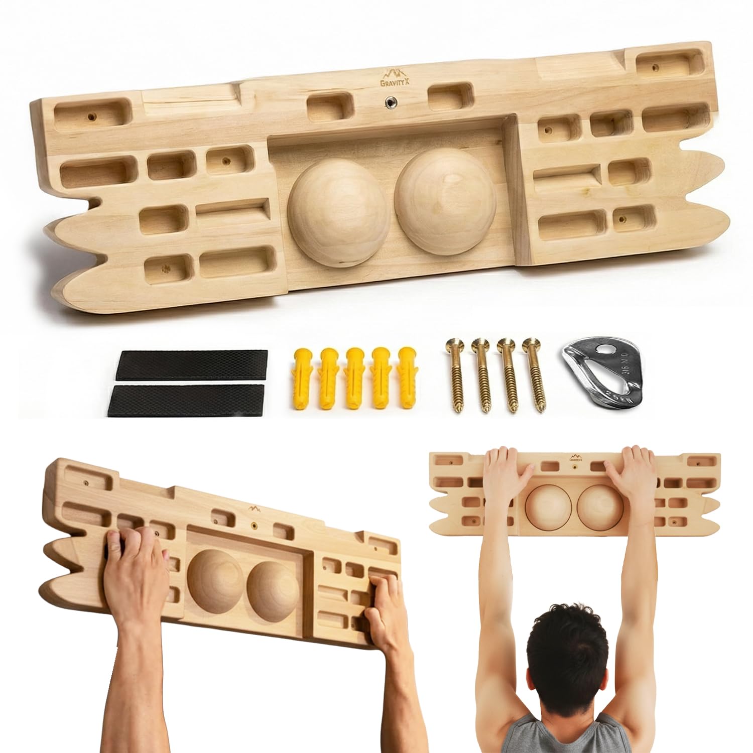 GravitX – Planche d’Escalade en Bois 65 cm – Fingerboard d’Entraînement avec Multiprises 18 à 45 mm – Accroche Murale avec Crochet de Sécurité et Plaques de Caoutchouc