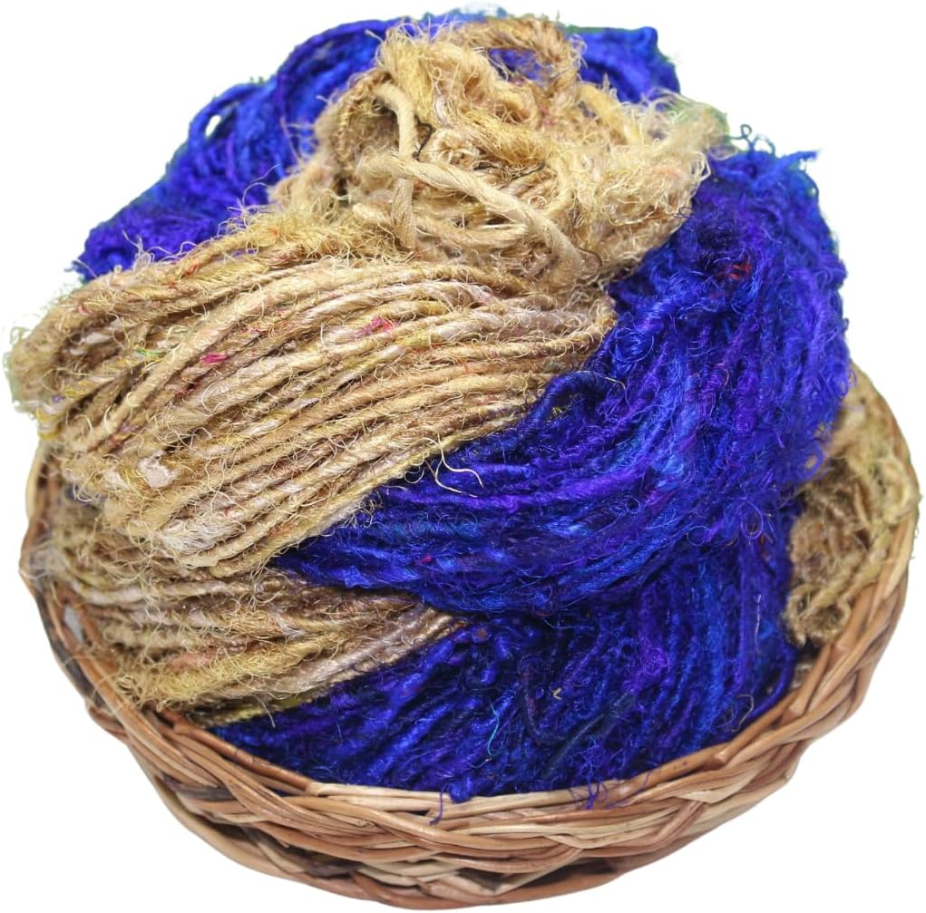 Knitsilk Handspun Recycled Sari Silk Yarn – Grey & Yellow Combo | 100g x 2 | 50-70 Yards/Ball | Eco-Friendly Bulky Yarn for Knitting, Crocheting & Weaving
