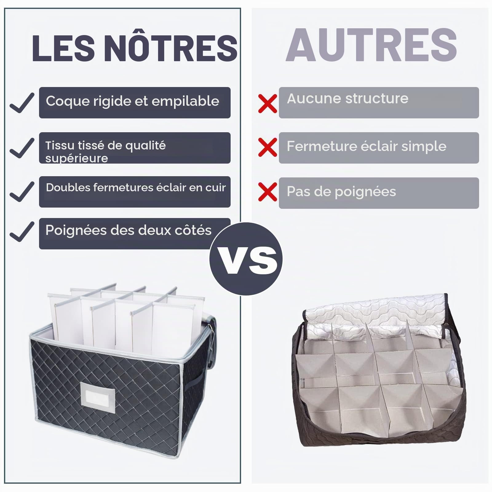 Lot de 2 boîtes de rangement pour verres à vin, porte-verres à pied, mallette en tissu portable avec 12 séparateurs pour verrerie en cristal, cuisine, camping, fête, voyage, caravane (gris)