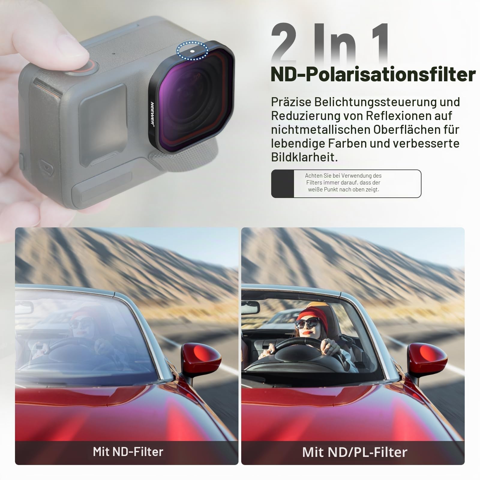 NEEWER 4er Pack ND/PL Filter Kompatibel mit Insta360 Ace Pro 2, ND8/PL+ND16/PL+ND32/PL+ND64/PL Graufilter Polfilter, Nicht kompatibel aktualisierten Version neu runden Objektivschutze,FL91