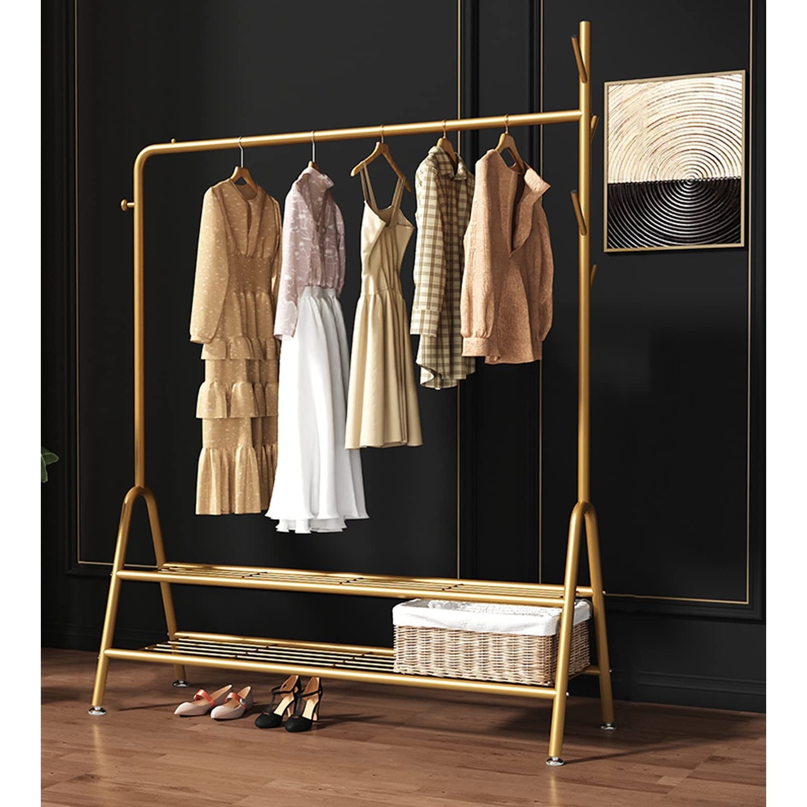 YNBSHGAA Metal Hall Tree with Hoo Multi-functal Coat Rack Freestanding Garment Hanr with 2-Tier Sto Shelves for Bedroom and Entryway nizat,Gold-120cm