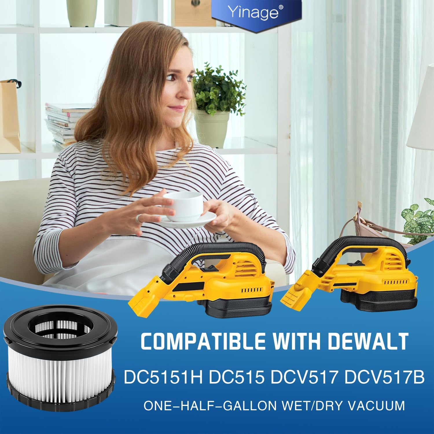 DC5151H HEPA Filter Compatible with DEWALT Wet Dry Vacuum Models DC515 DCV517 DCV517B Part # DC5151H includes 4 replacement filters and 8 pack foam filters