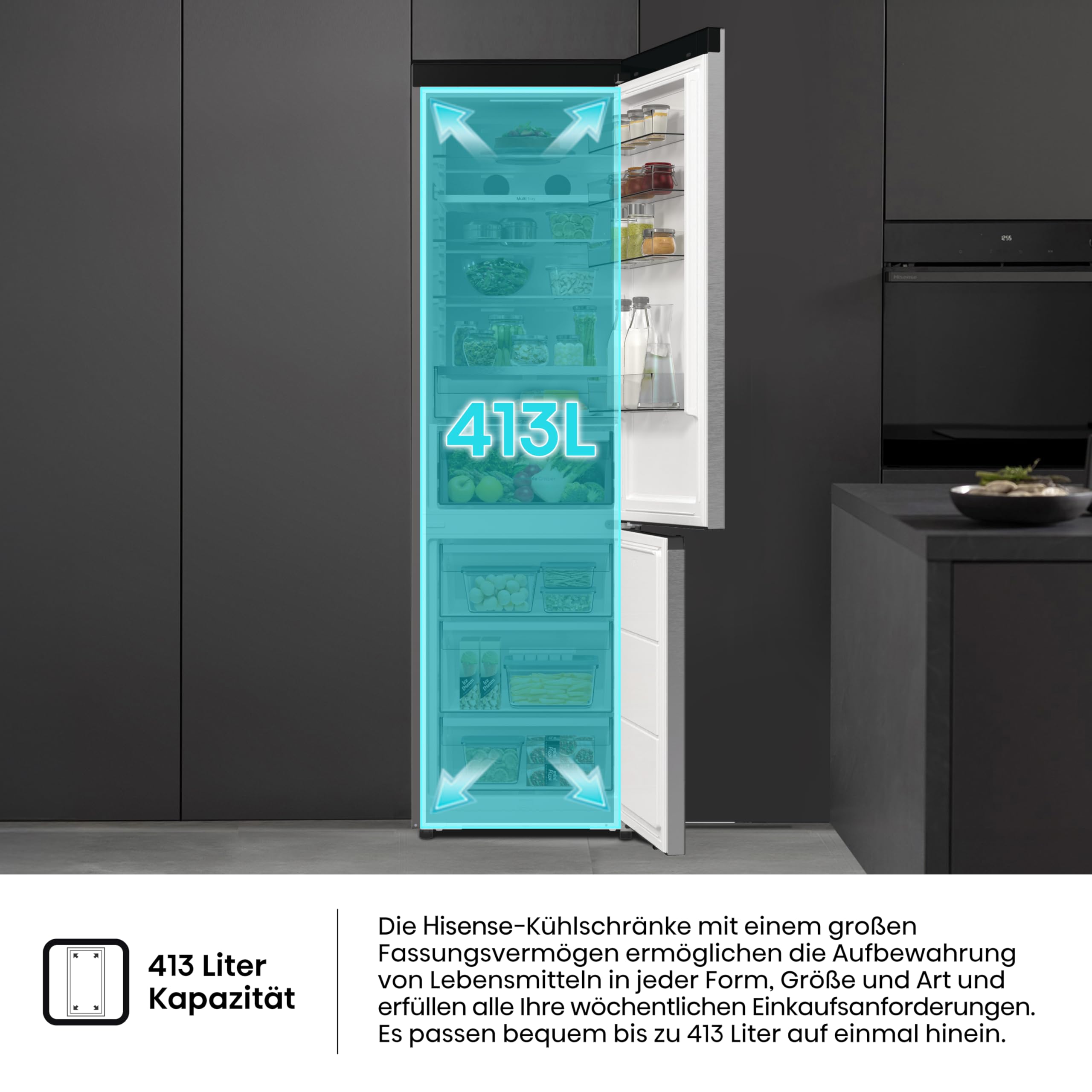Hisense RB5P410SACC Kühl-Gefrierkombination/Boden-Kühlsystem/Moisture Fresh Crisper/Metal-Tech Cooling/0°C Fresh Box/Big Volume/410L(178+78)/Advanced/BxHxT: 59 – Bild 4