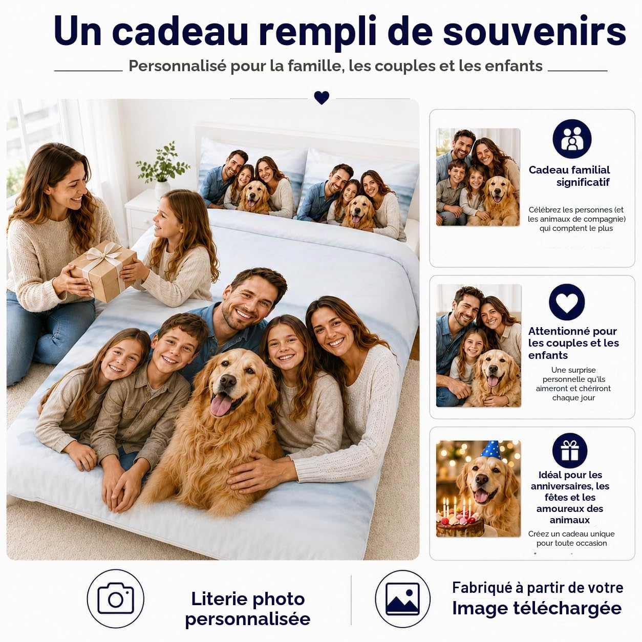 Housse de Couette Personnalisée avec Photo, Texte ou Logo, Parure de Lit Personnalisée en Microfibre, Taie(s) 65x65 cm Selon Taille, 140x200 à 260x240, Fermeture Éclair