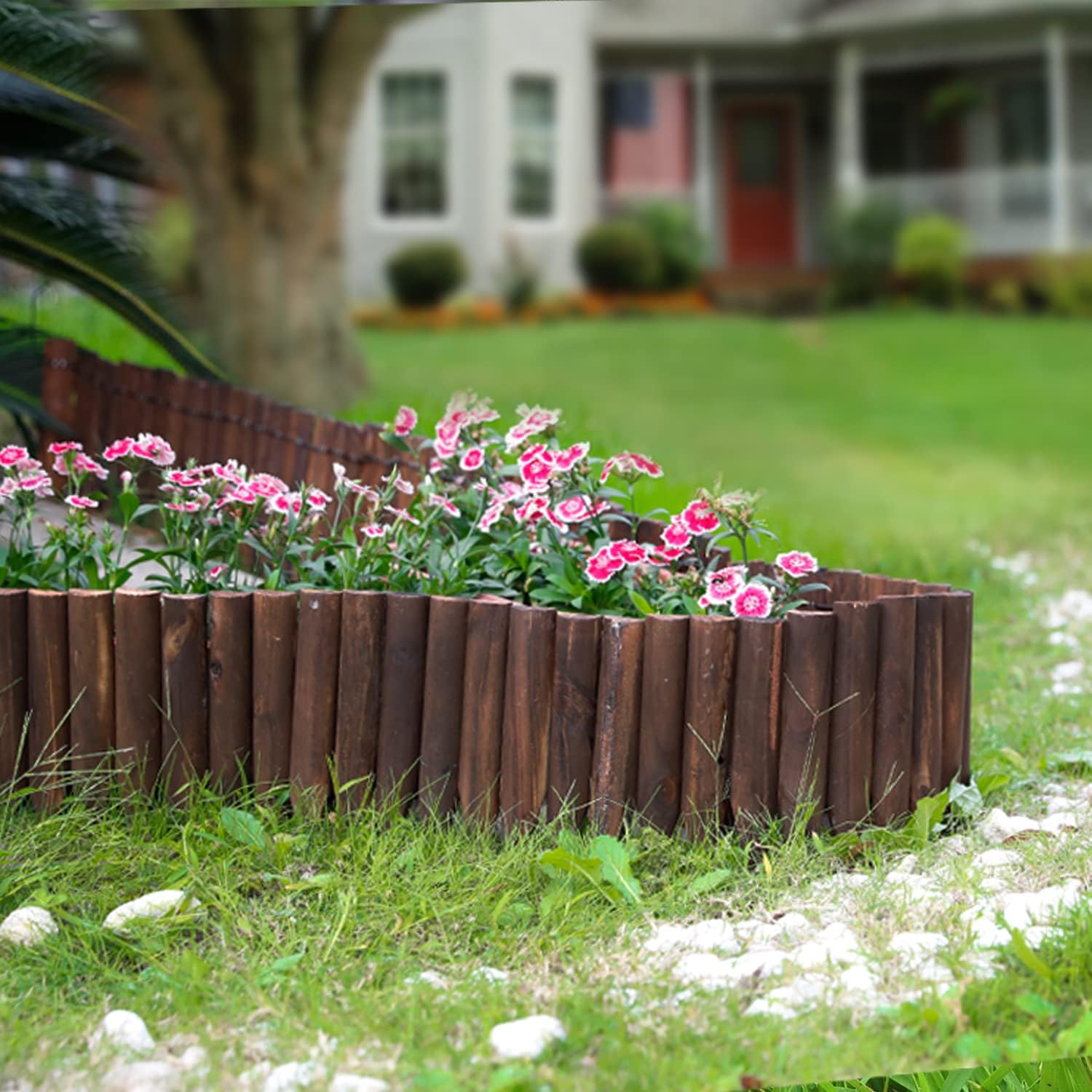 Worth Garden Wooden Short Fence Lawn Edging – Burnt Wood Finish Flexible Garden Border, No Dig Landscape Edging for Flower Beds, Tree Border & Yard – 7.9” H x 42” L