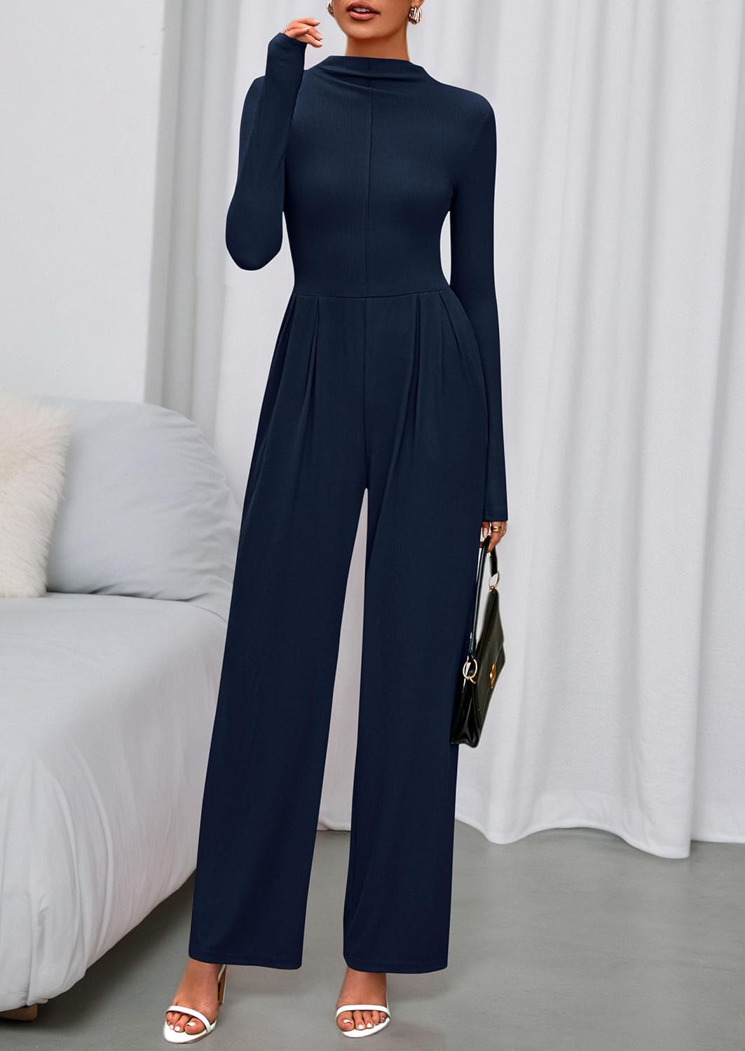 PRETTYGARDEN Long Sleeve Jumpsuit for Women 2026 Fall Date Night Rompers Dressy Casual One Piece Mock Neck Jumpsuits Pockets - Image 5