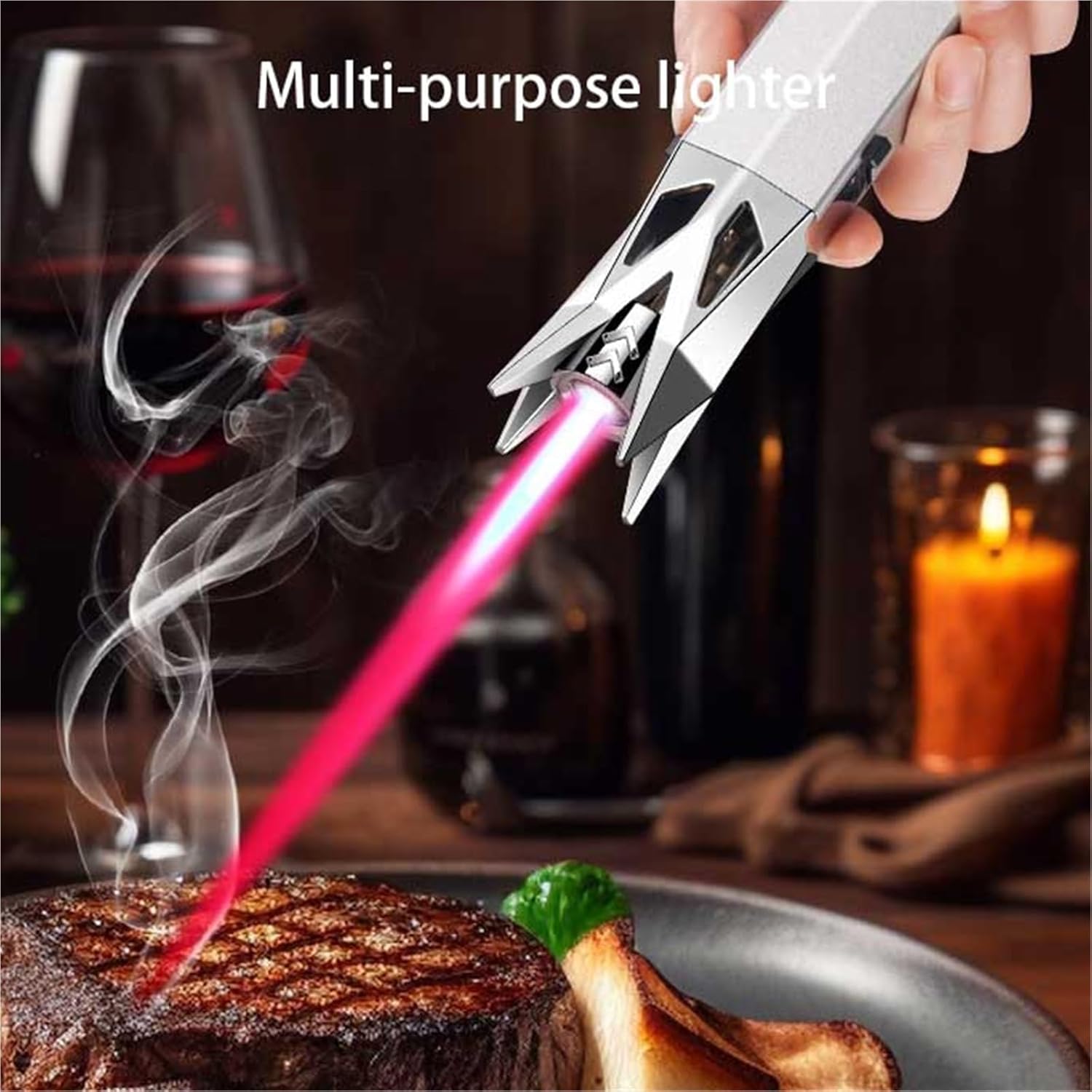 Bright Flame Lighter with Safety Lock and Adjustable Red/Blue Flame, Torch Lighter, Refillable Butane Gas Windproof Jet Flame Cool Lighter for Candle Campfire BBQ Baking, Camping, Gift.(C)