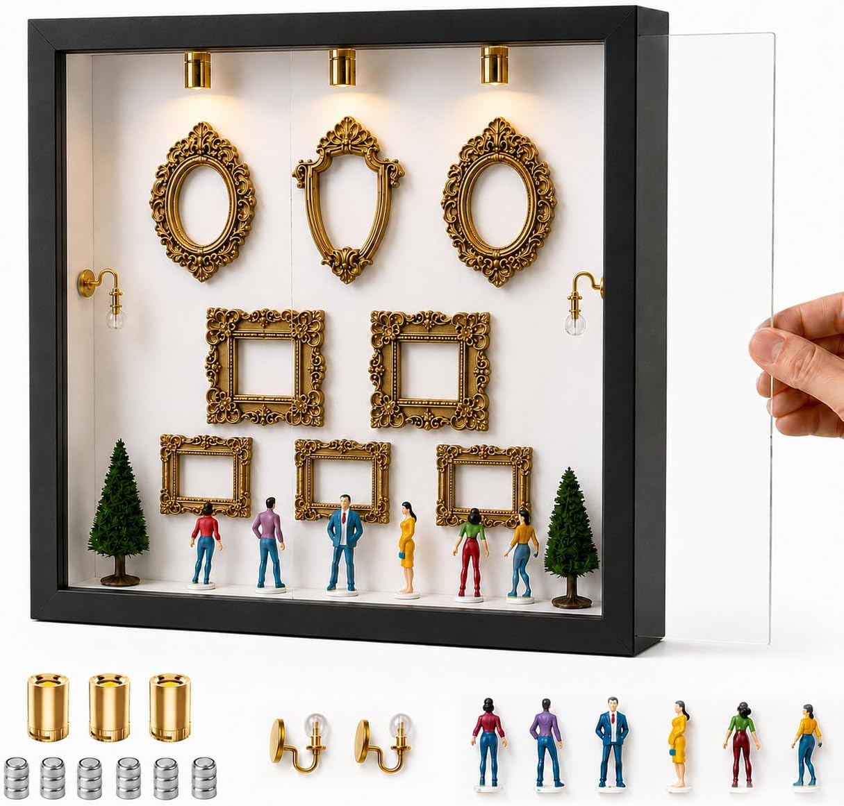 Black Mini Museum Shadow Box Frame with 3 LED Spotlights,10x10 inch
