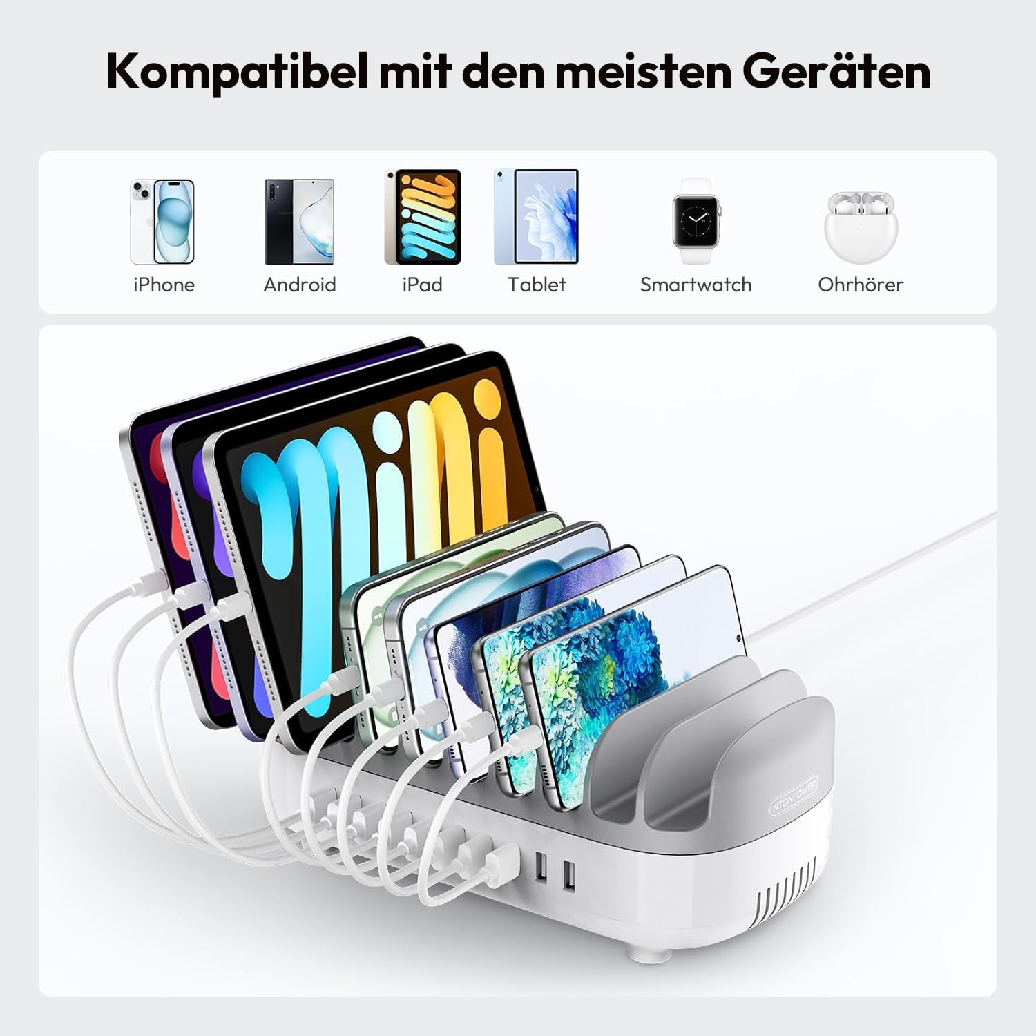 NTONPOWER 10 Port Tablet Ladestation 120 Watt Multi USB Ladestation mit Automatischer leiser Kühlkörper, für Handys Smartphones Tablets, Grau