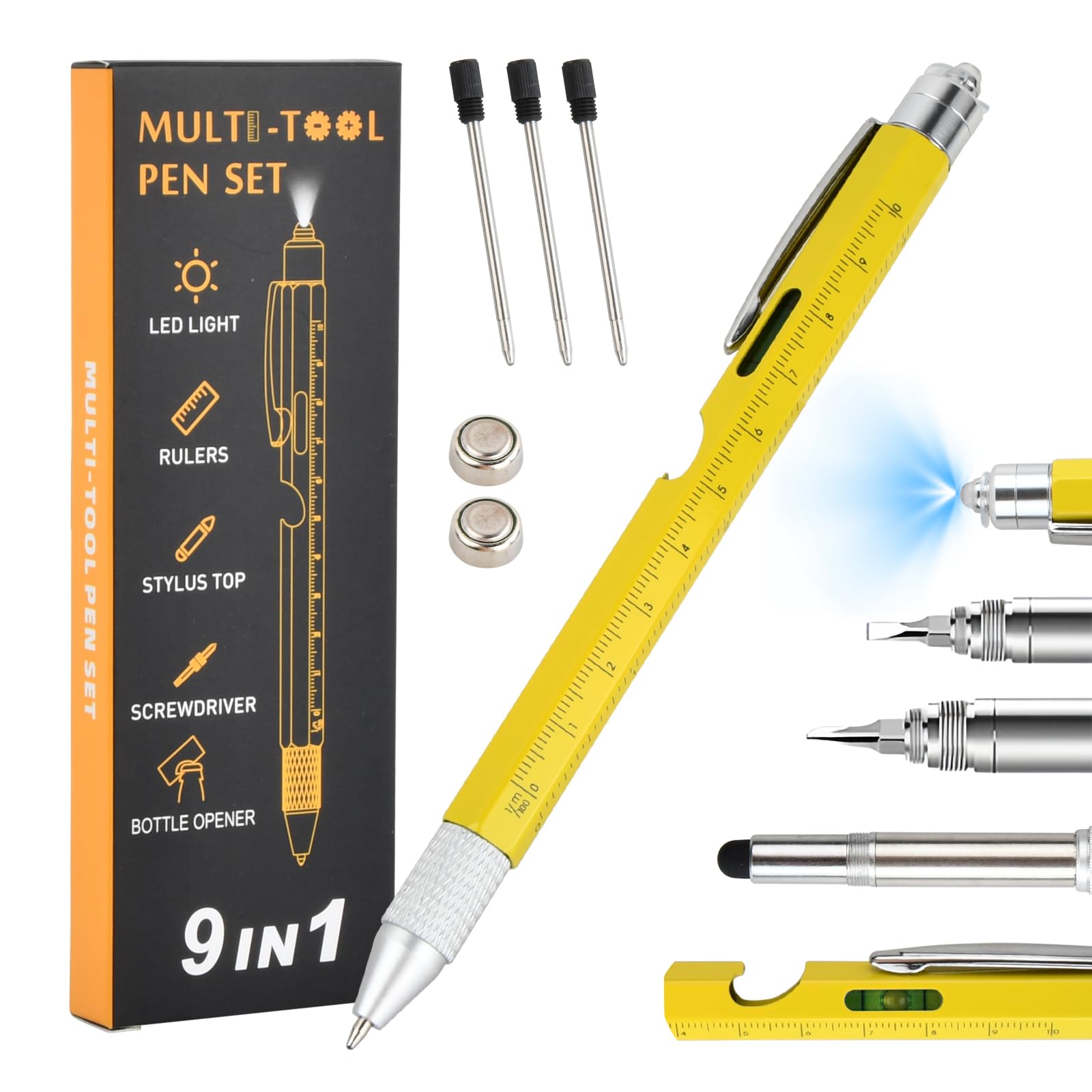 Bolígrafo Multifunción, Dia del Padre Regalos Originales Para Hombre, Gadgets de Bolígrafo Táctico con Linterna, Multifuncion Personalizado, Abuelo Papa Cumpleaños Novio(Amarillo)