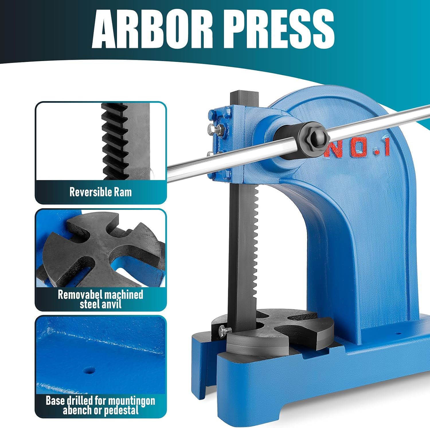 Arbor Press 1 Ton, Manual Press Cast Iron Desktop Press 5.9" Height Arbor Press for Bending, Stamping, Forming, Stretching (Blue, 1Ton)