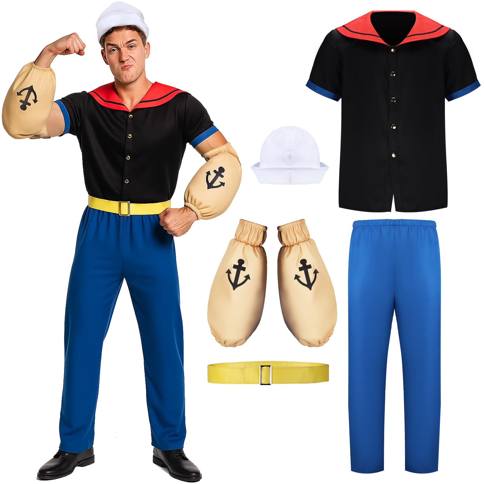 Disfraz de Popeye con Músculos Incorporados y Sombrero de Marinero para Halloween Carnaval
