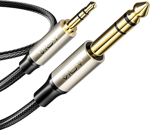 VIOY 3.5mm to 6.35mm TRS Audio Jack Cable[1.5M], 3.5mm 1/8" Male Mini Jack to 1/4 Inch Jack Male Long Aux Cable Adapter, Nylon Braid Compatible for Laptop, Home Theater Devices, Amplifiers