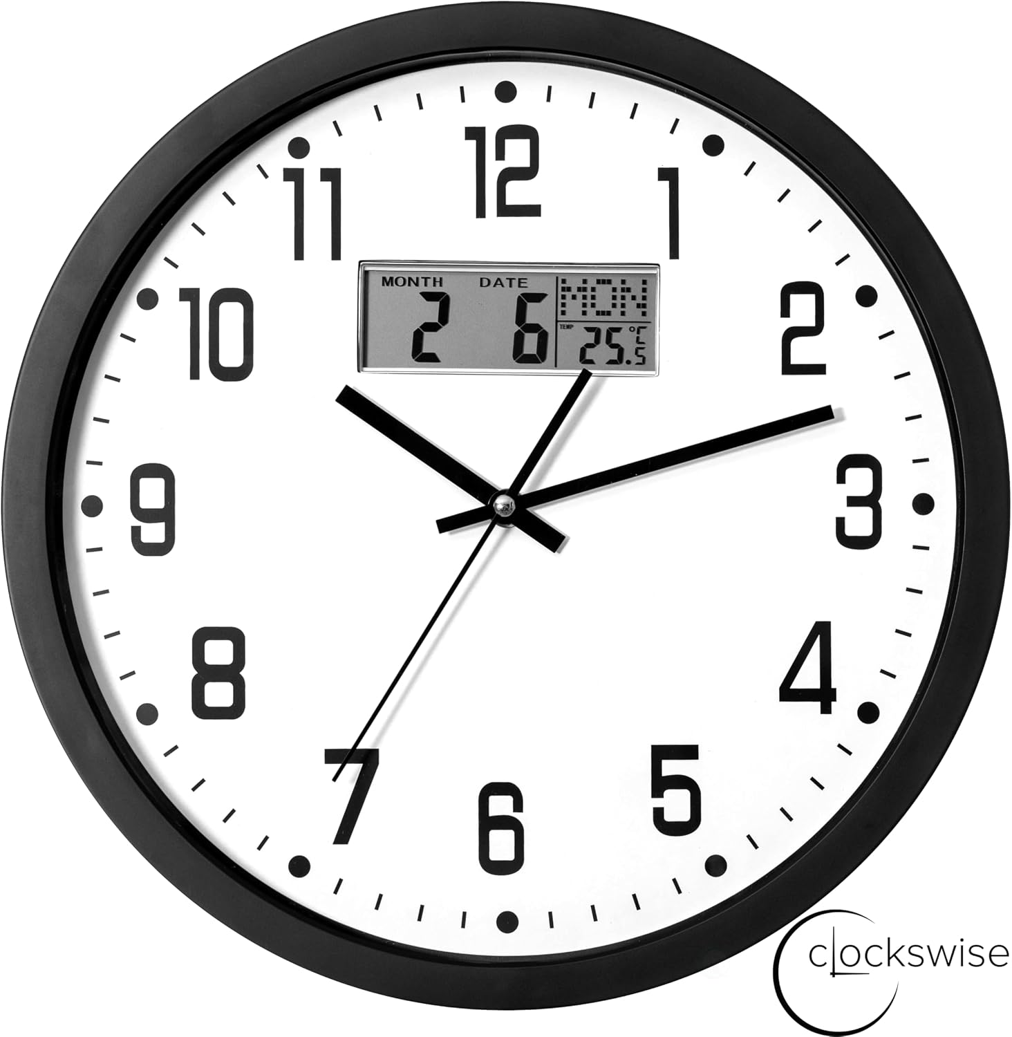 Clockswise 14-inch Wall Clock, Non-Ticking Analog & Digital with Temperature Display Battery Powered, Silent Operation, Switchable Time and Date - Perfect for Classroom Office Bedroom and Study, Black