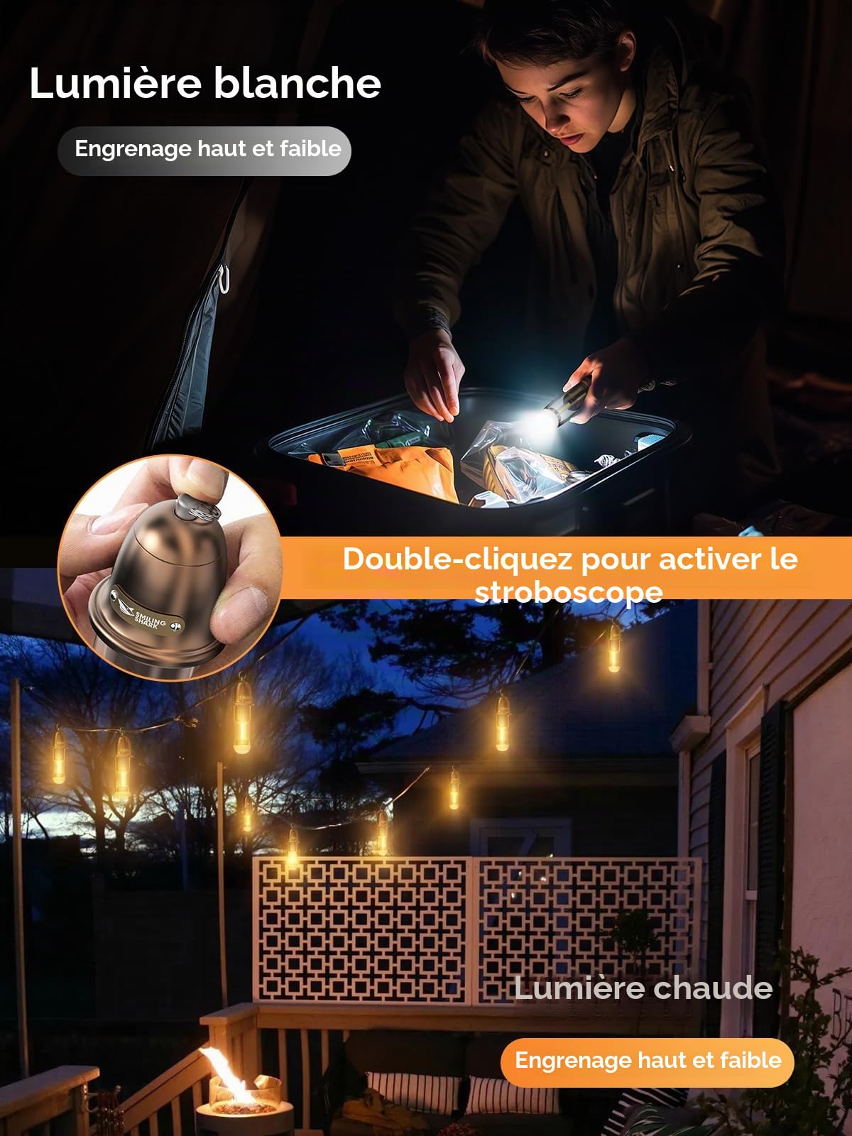 Smiling Shark Lanterne de Camping, Portable LED Lampe Camping Ambiance USB Rechargeable IPX4 Étanche 3 Mode Lumière Petit Portatif Lampe de Tente pour Extérieur Randonnée Pêche Picnic Comprend lanière