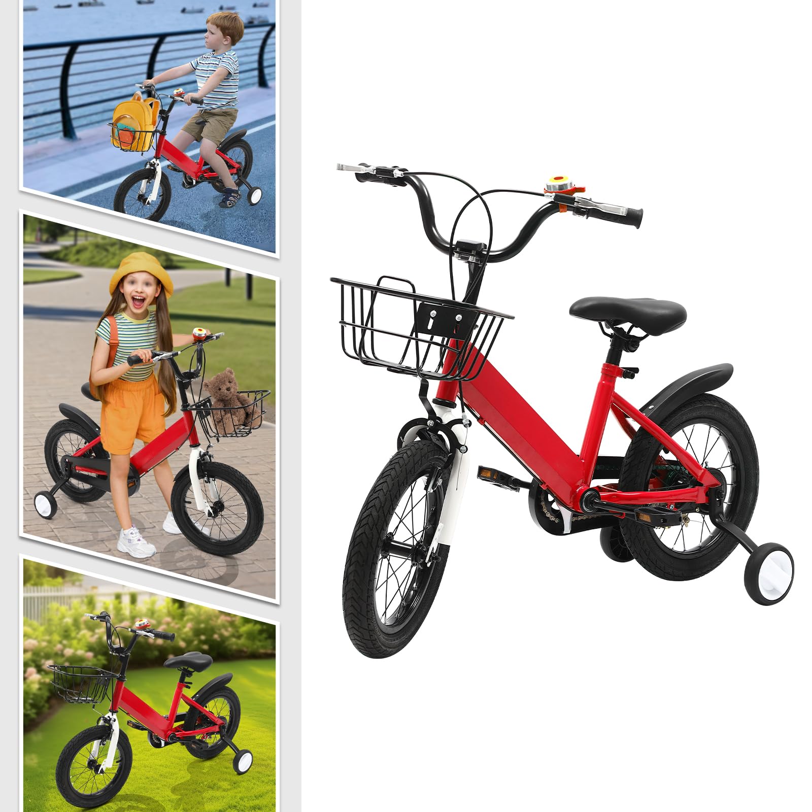 Bicicletta per bambini da 14 pollici, con ruote di sostegno, cestino e campanello, regolabile in altezza, per ragazzi dai 3 ai 5 anni, doppio freno e telaio in acciaio al carbonio, per