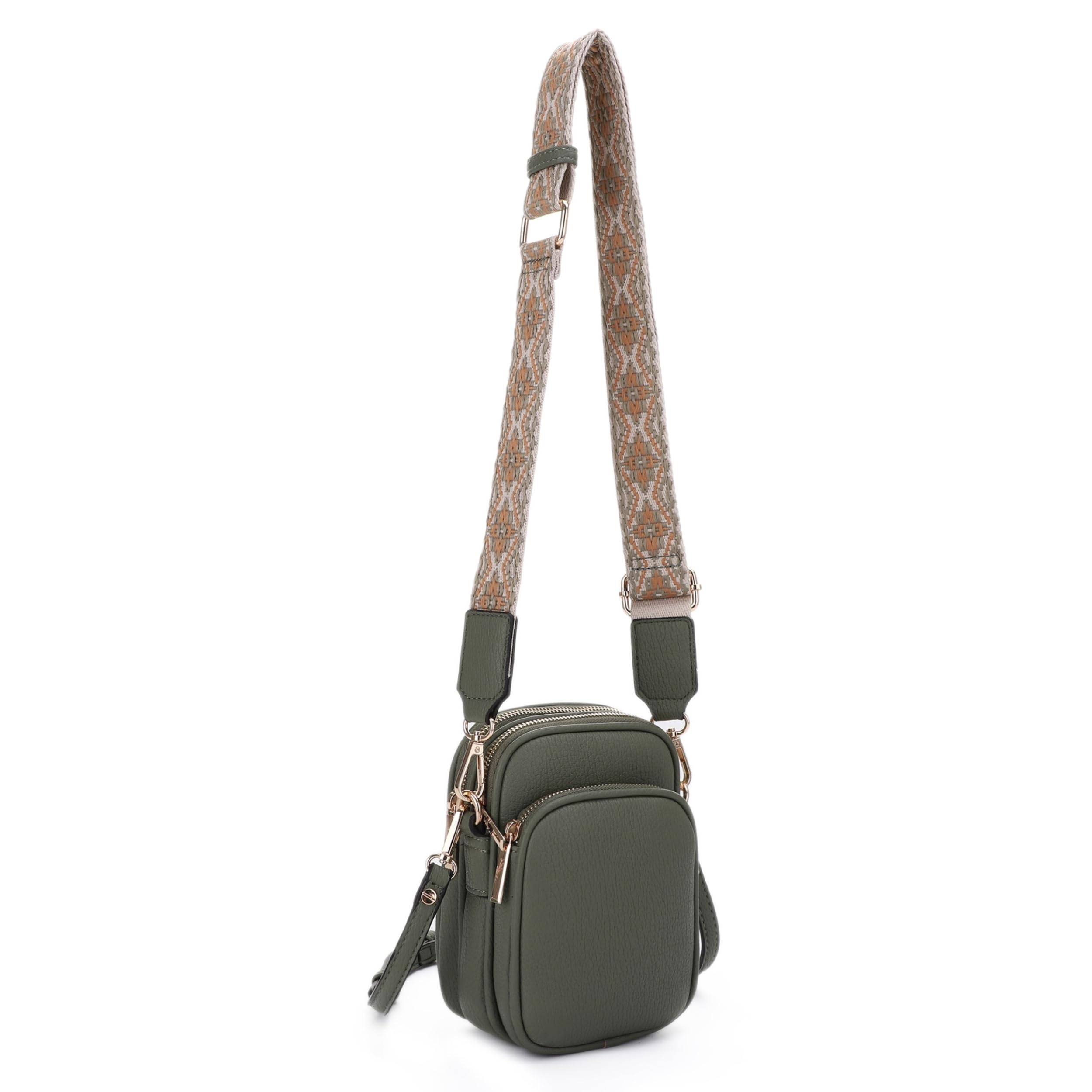 Mali+Lili Small Crossbody Bag for Women, Triple Compartment Shoulder Bag with Double Strap: Olive Green/Tri
