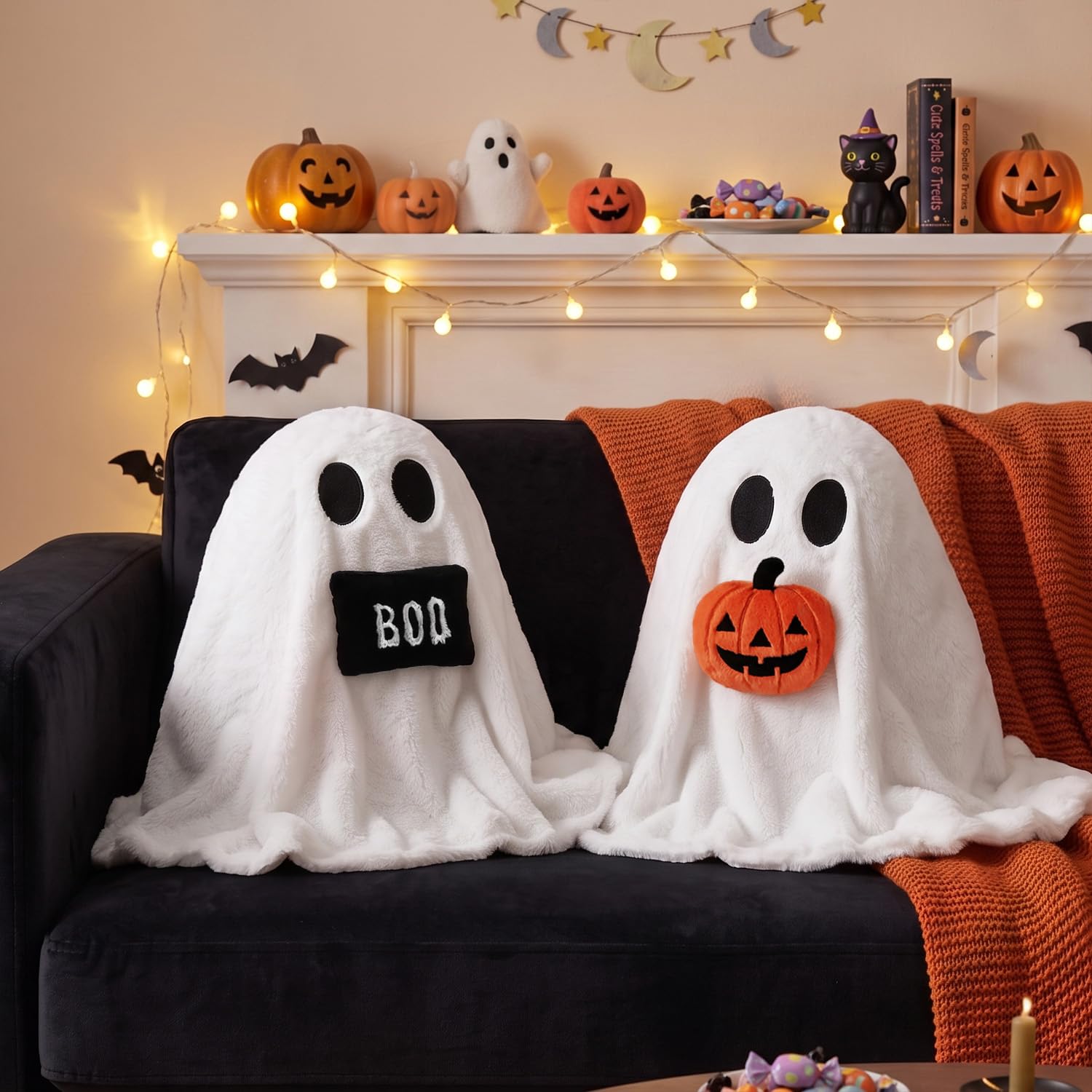 Bunny Chorus Halloween Ghost Throw Pillows, 2pcs Ghost Shaped Decorative Pillows for Couch Sofa Bed, Cute Spooky Halloween Stuffed Pillow Plush Ghost Doll Home Decor Party Decorations, 14" x 12"