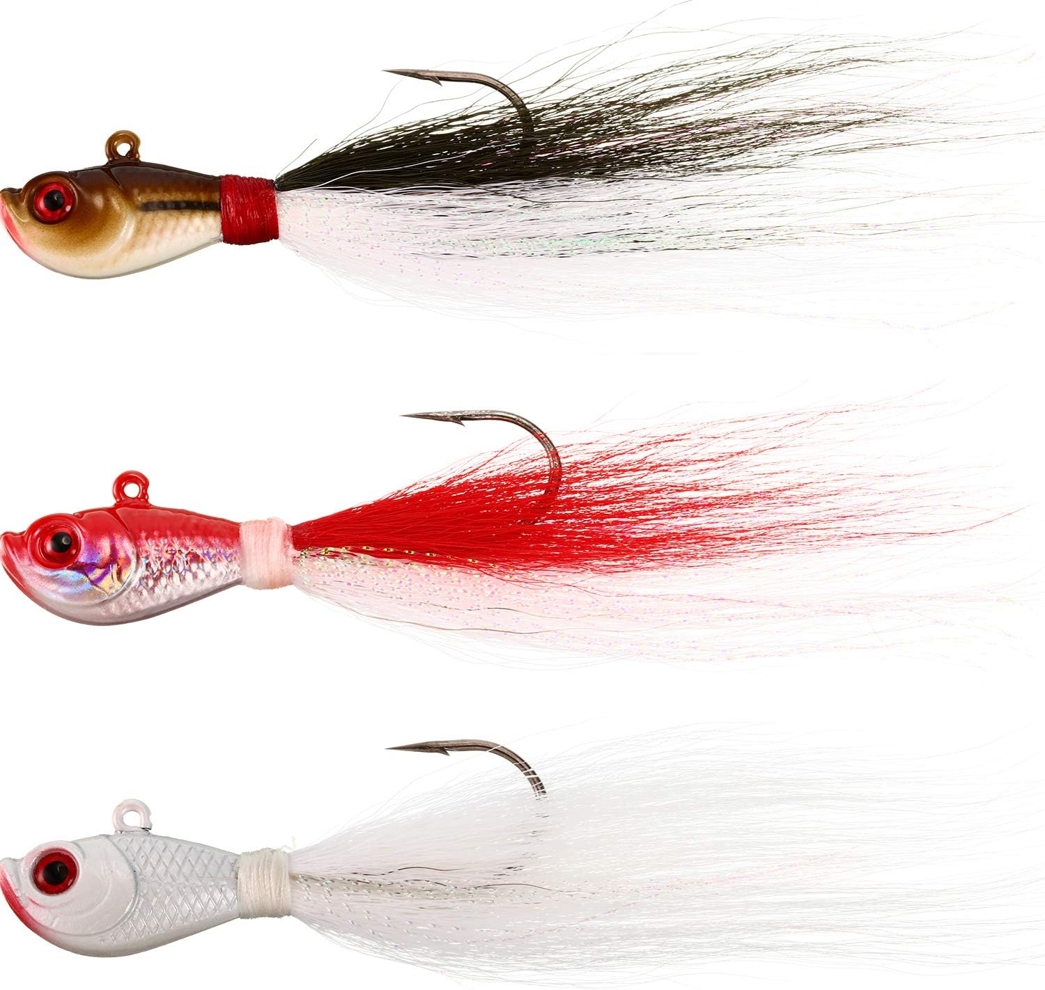 3 Pieces 1 Ounce Bucktail Jigs Artificial Head Luminous Feather Hook, Saltwater Freshwater Baits Kit Bass Striper, Mixed Colors